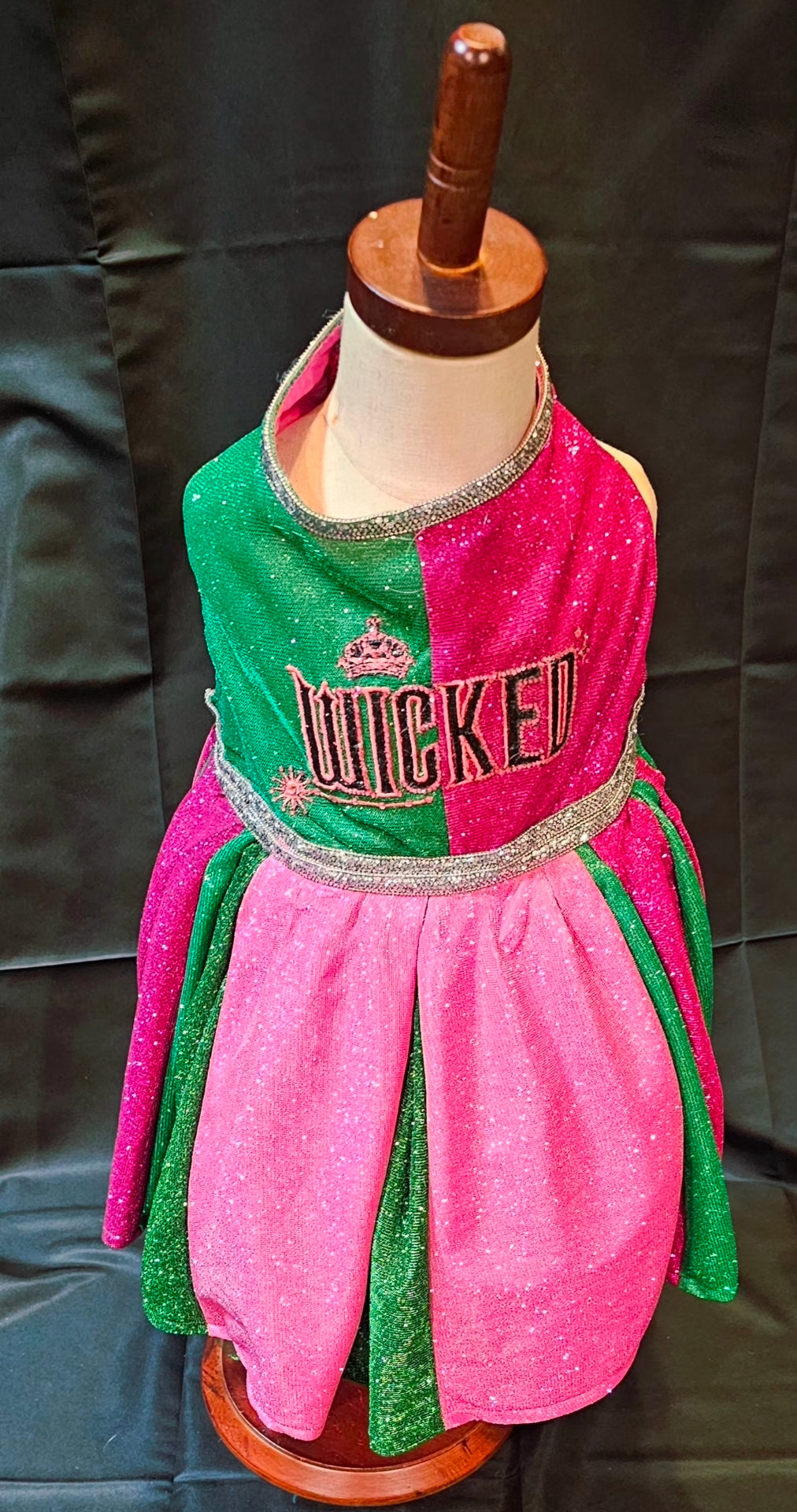 Wicked glitter embroidered pet dress, pink and green wicked pet dress