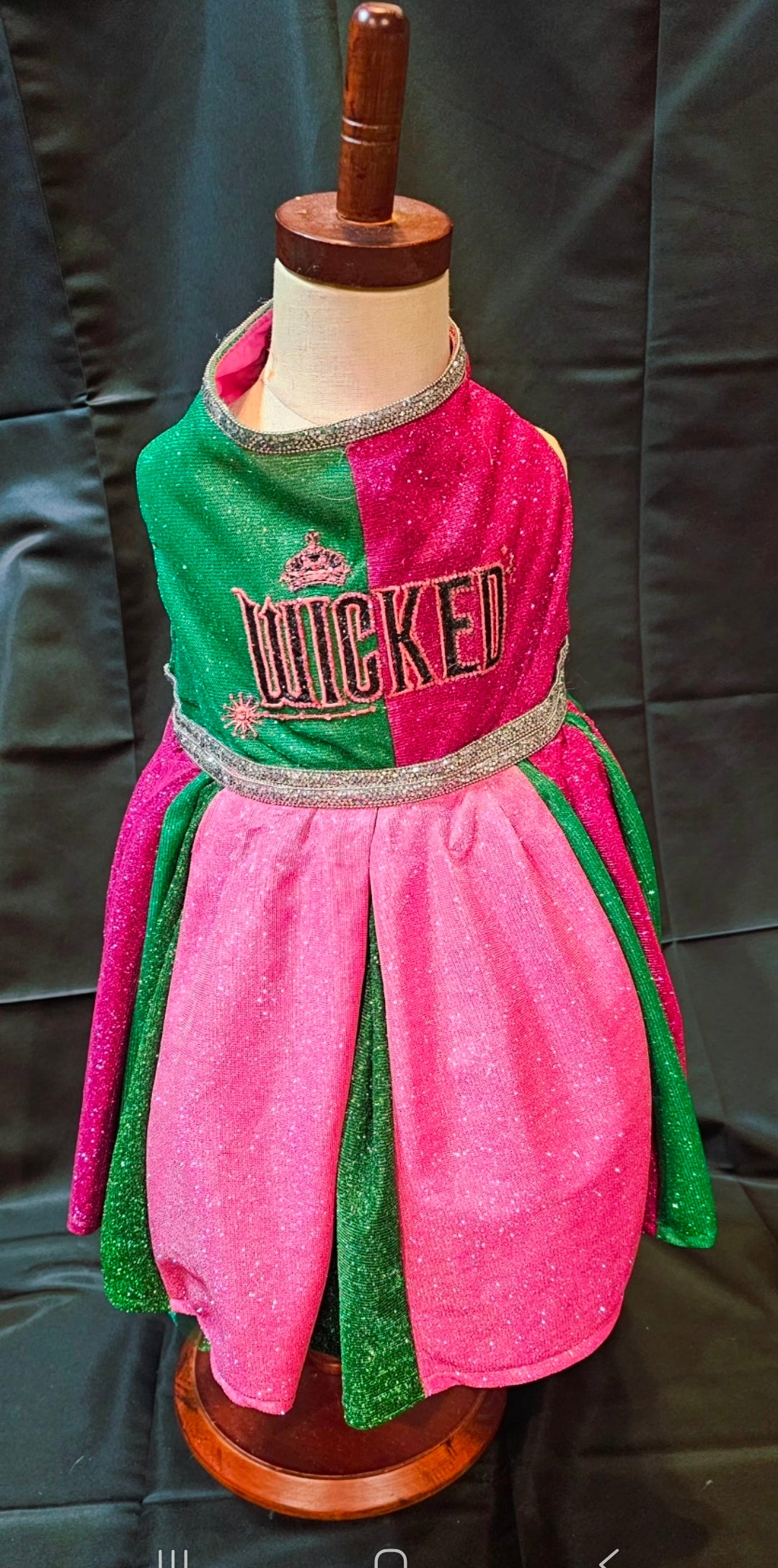 Wicked glitter embroidered pet dress, pink and green wicked pet dress
