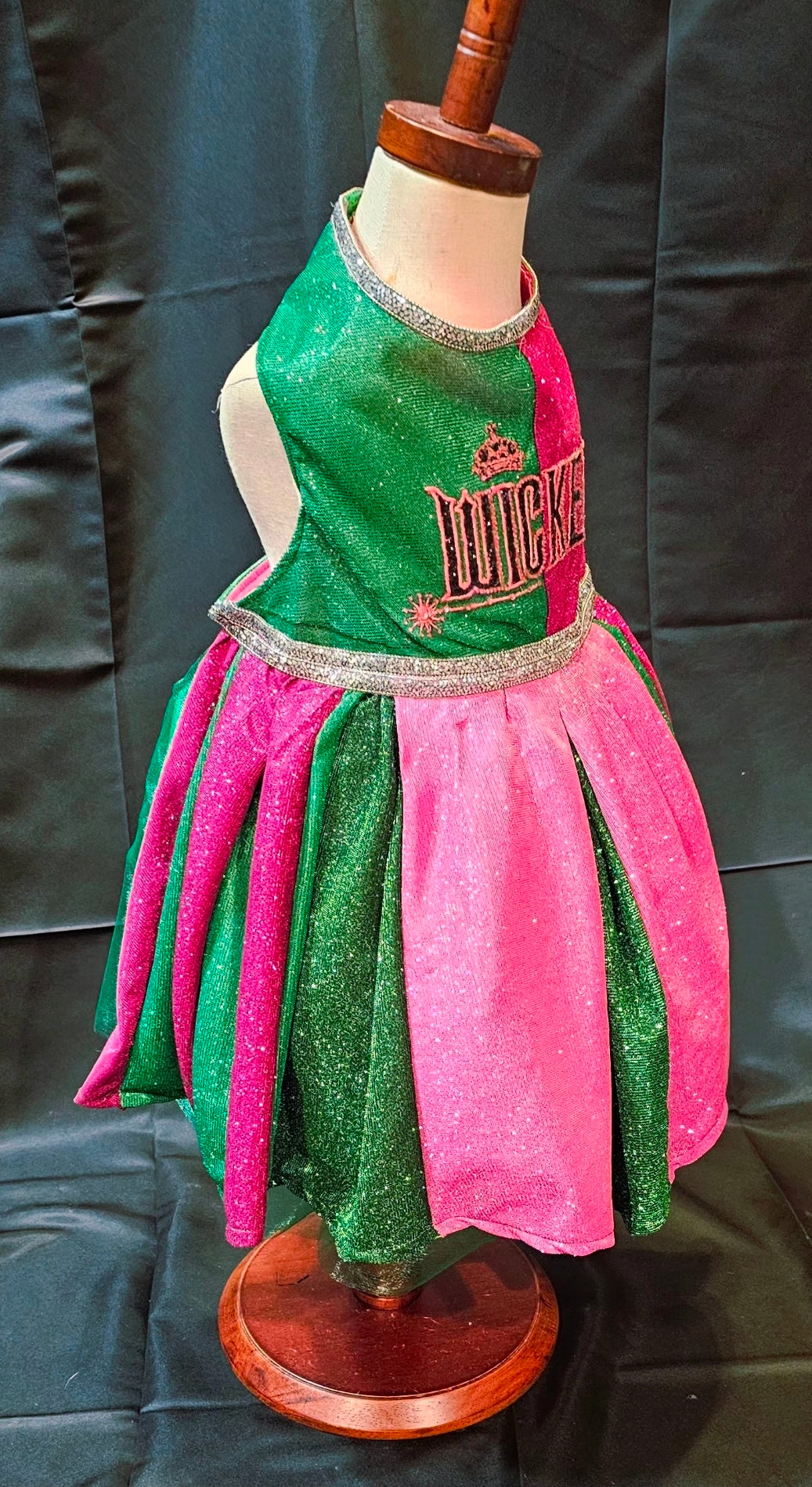 Wicked glitter embroidered pet dress, pink and green wicked pet dress