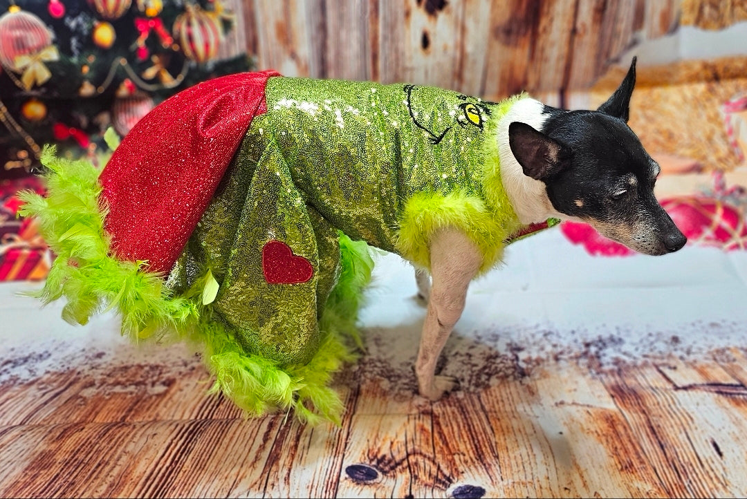 Grinch pet dress, glitter grinch pet dress, sequin glitter dog dress, grinch cat dress