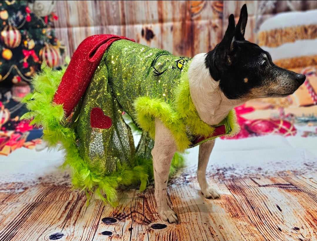 Grinch pet dress, glitter grinch pet dress, sequin glitter dog dress, grinch cat dress