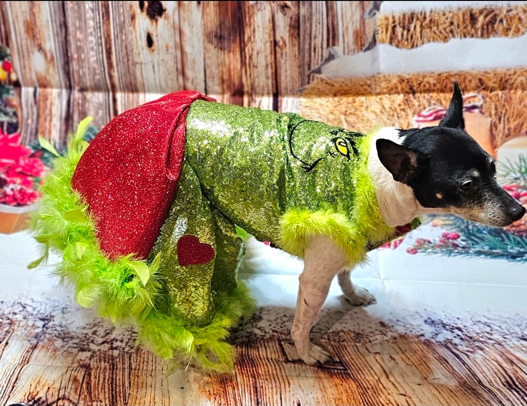 Grinch pet dress, glitter grinch pet dress, sequin glitter dog dress, grinch cat dress