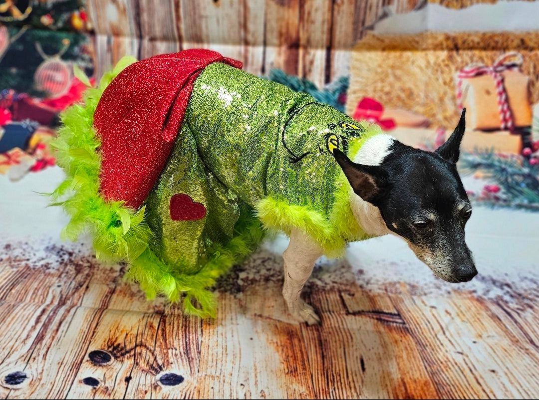 Grinch pet dress, glitter grinch pet dress, sequin glitter dog dress, grinch cat dress