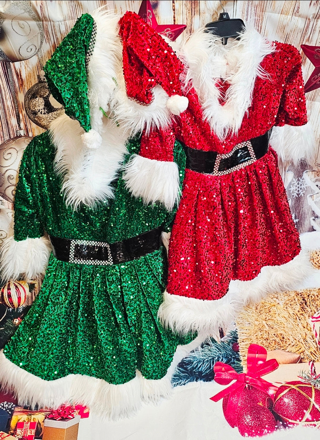 Green Miss Claus sequin pet costume, sequin green pet dress