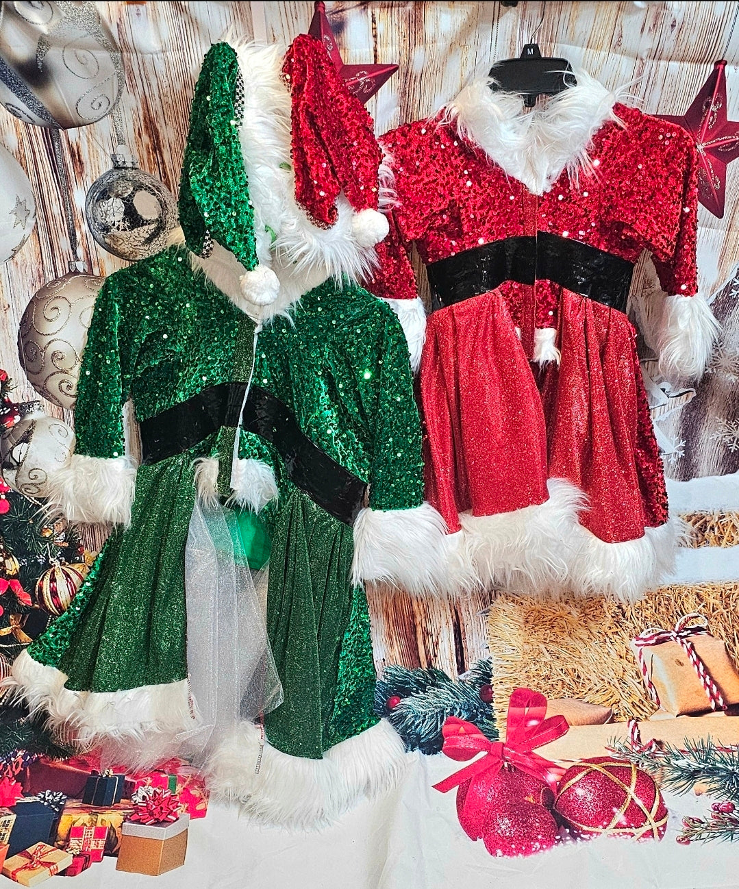 Green Miss Claus sequin pet costume, sequin green pet dress