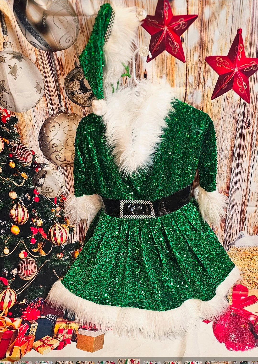 Green Miss Claus sequin pet costume, sequin green pet dress