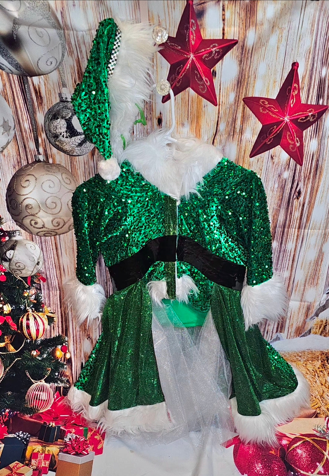 Green Miss Claus sequin pet costume, sequin green pet dress