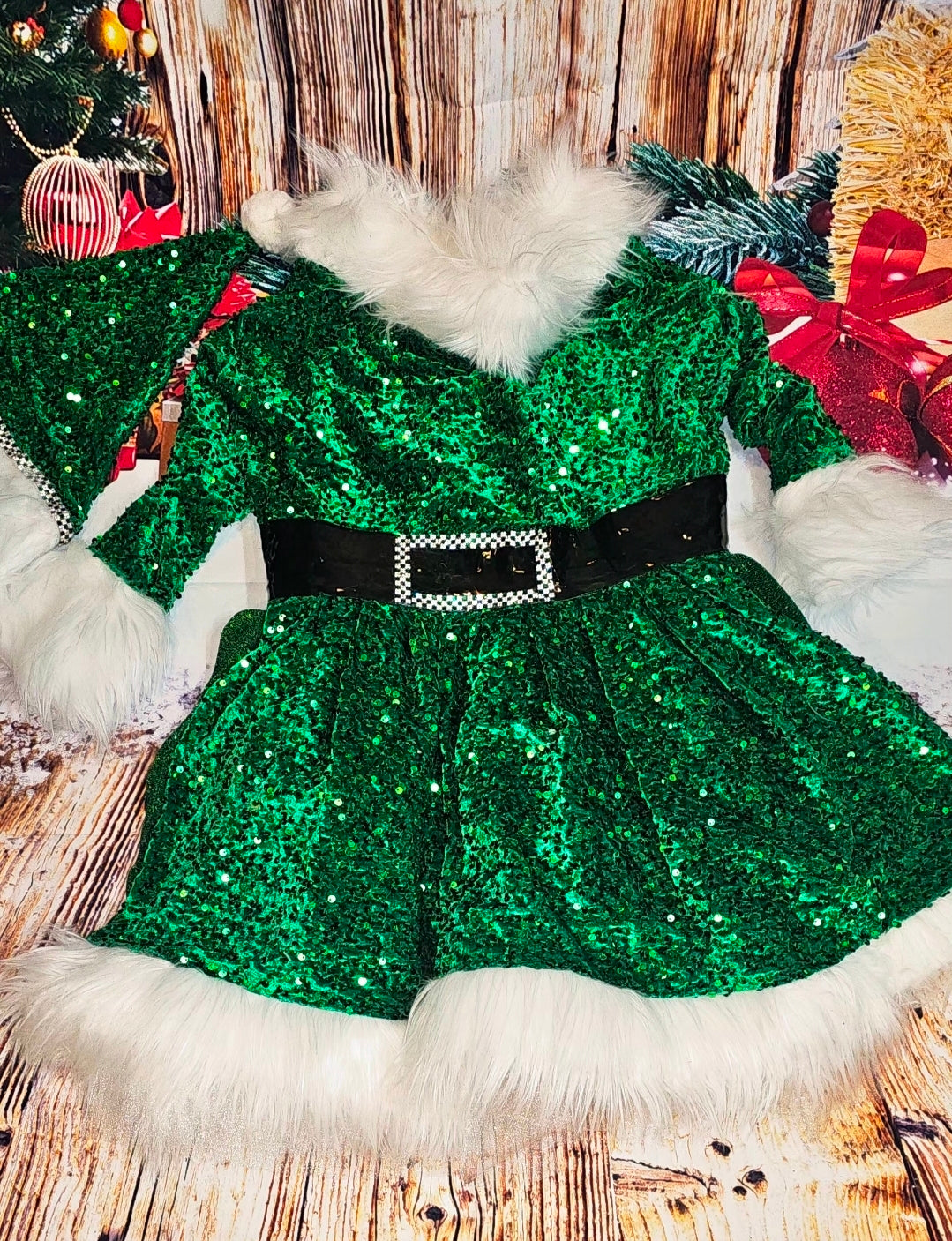 Green Miss Claus sequin pet costume, sequin green pet dress