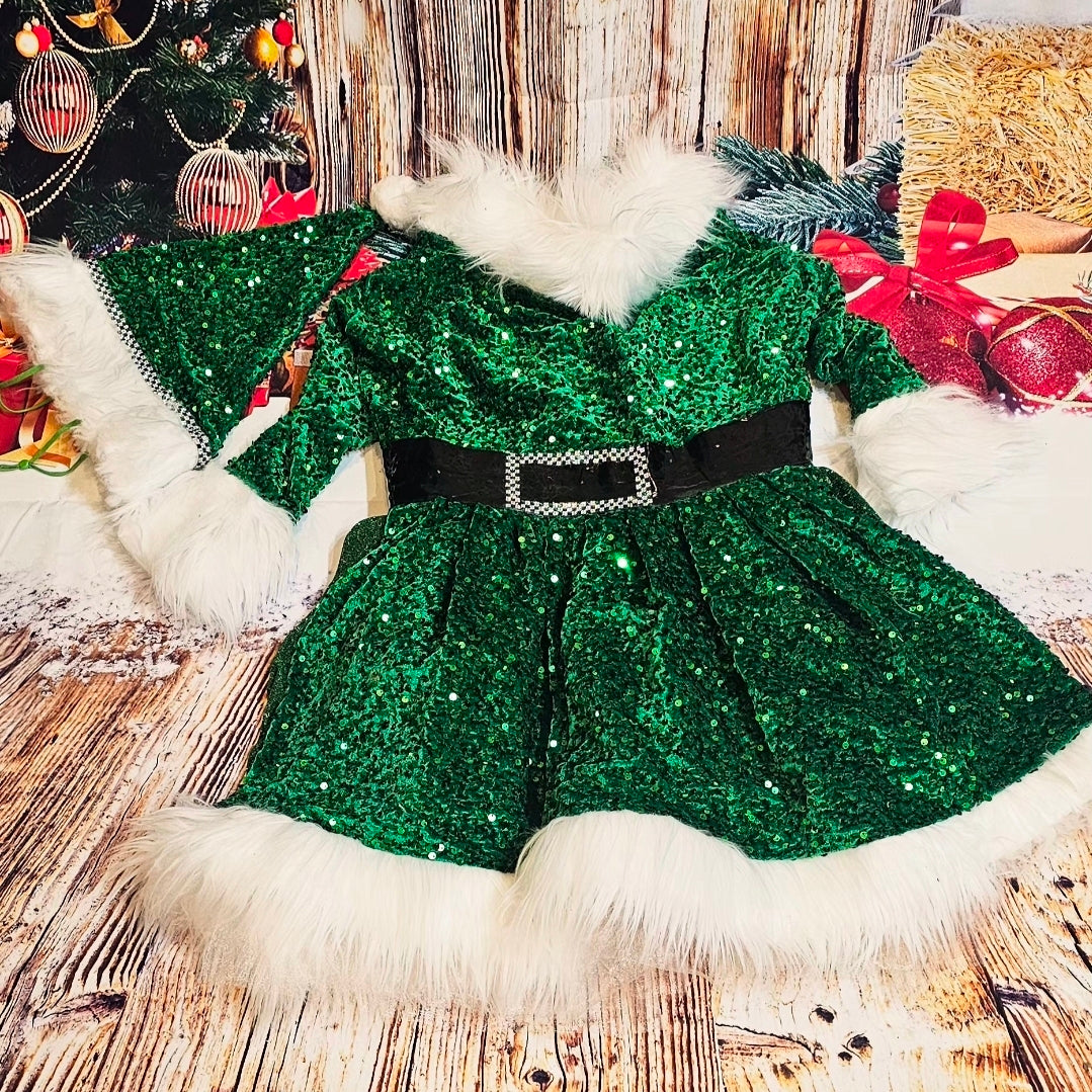 Green Miss Claus sequin pet costume, sequin green pet dress