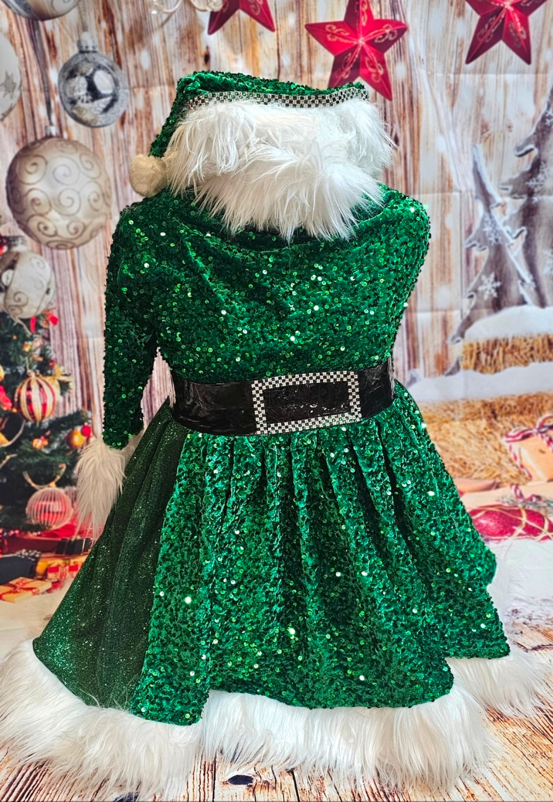 Green Miss Claus sequin pet costume, sequin green pet dress