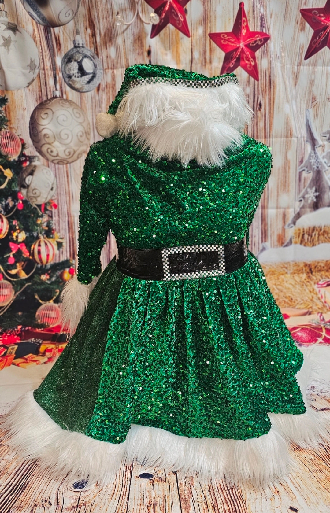 Green Miss Claus sequin pet costume, sequin green pet dress