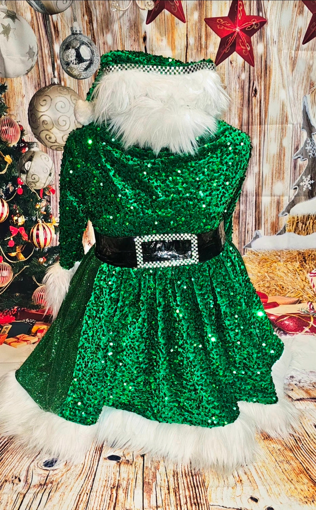 Green Miss Claus sequin pet costume, sequin green pet dress