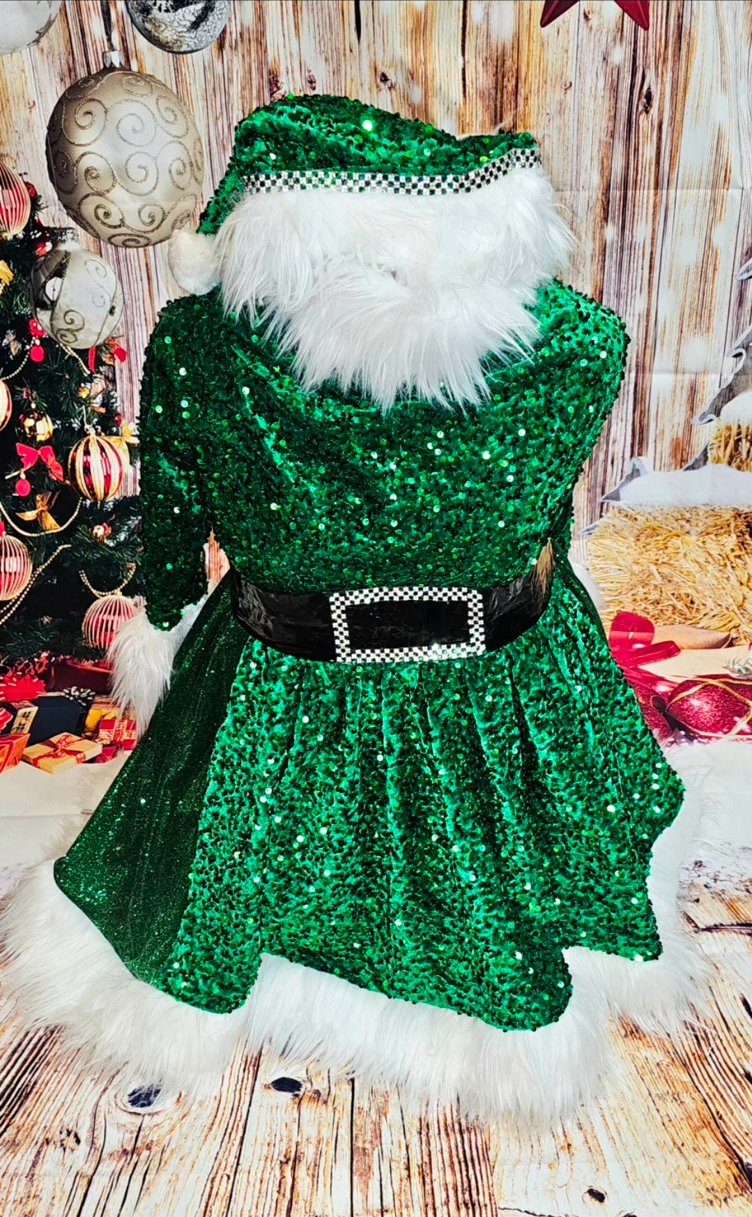 Green Miss Claus sequin pet costume, sequin green pet dress