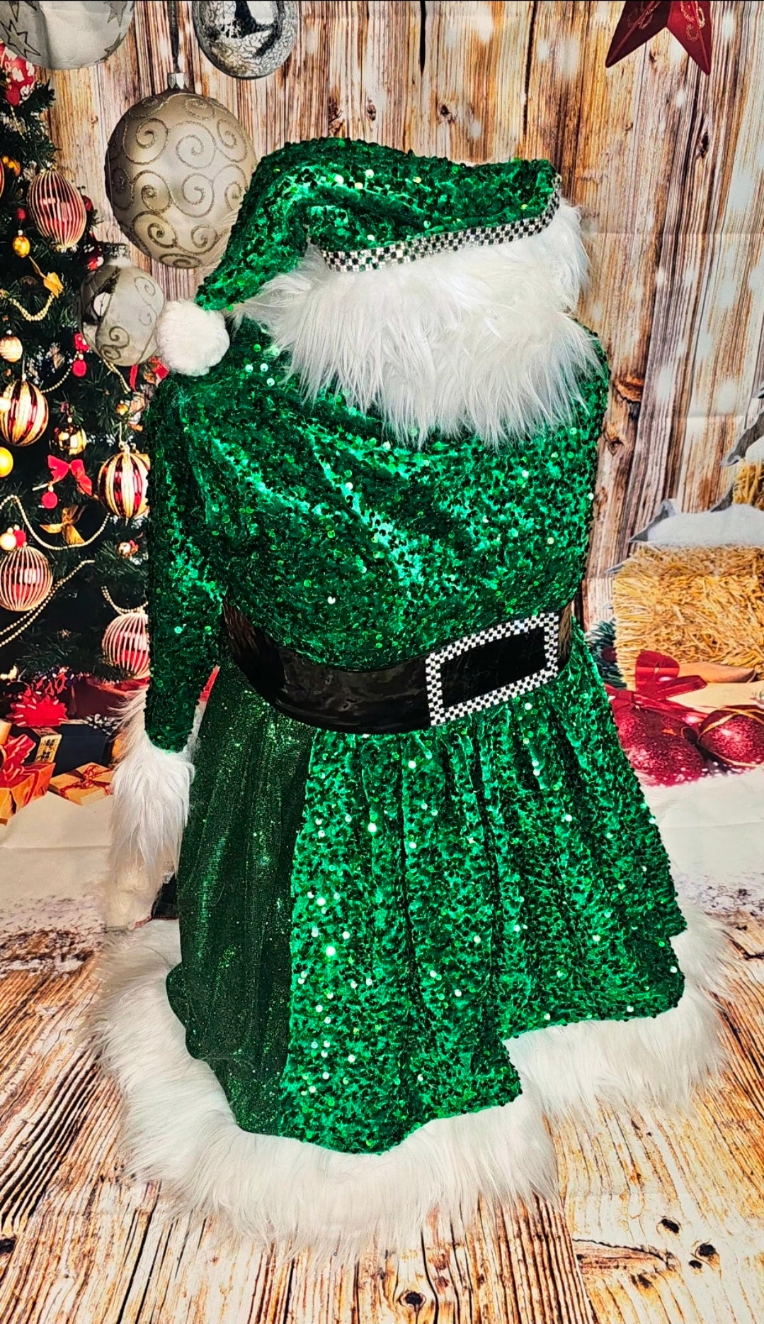 Green Miss Claus sequin pet costume, sequin green pet dress