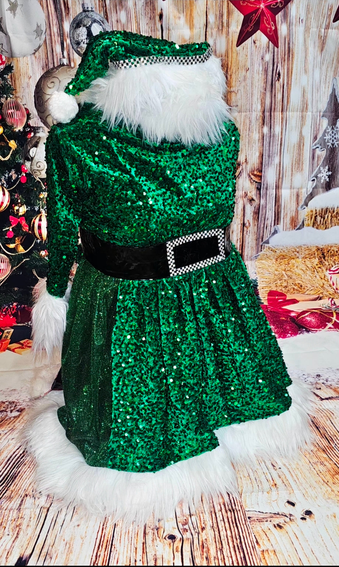 Green Miss Claus sequin pet costume, sequin green pet dress