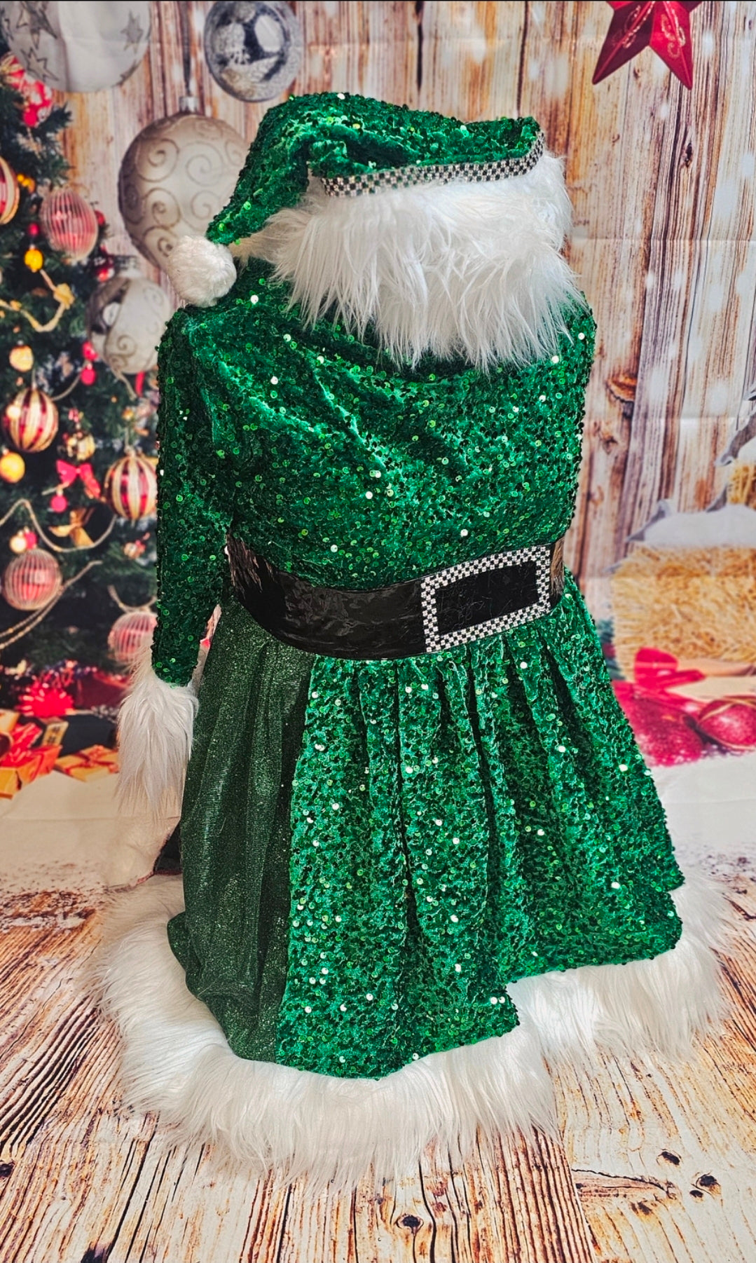 Green Miss Claus sequin pet costume, sequin green pet dress