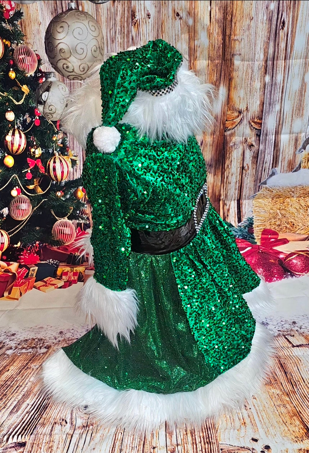 Green Miss Claus sequin pet costume, sequin green pet dress