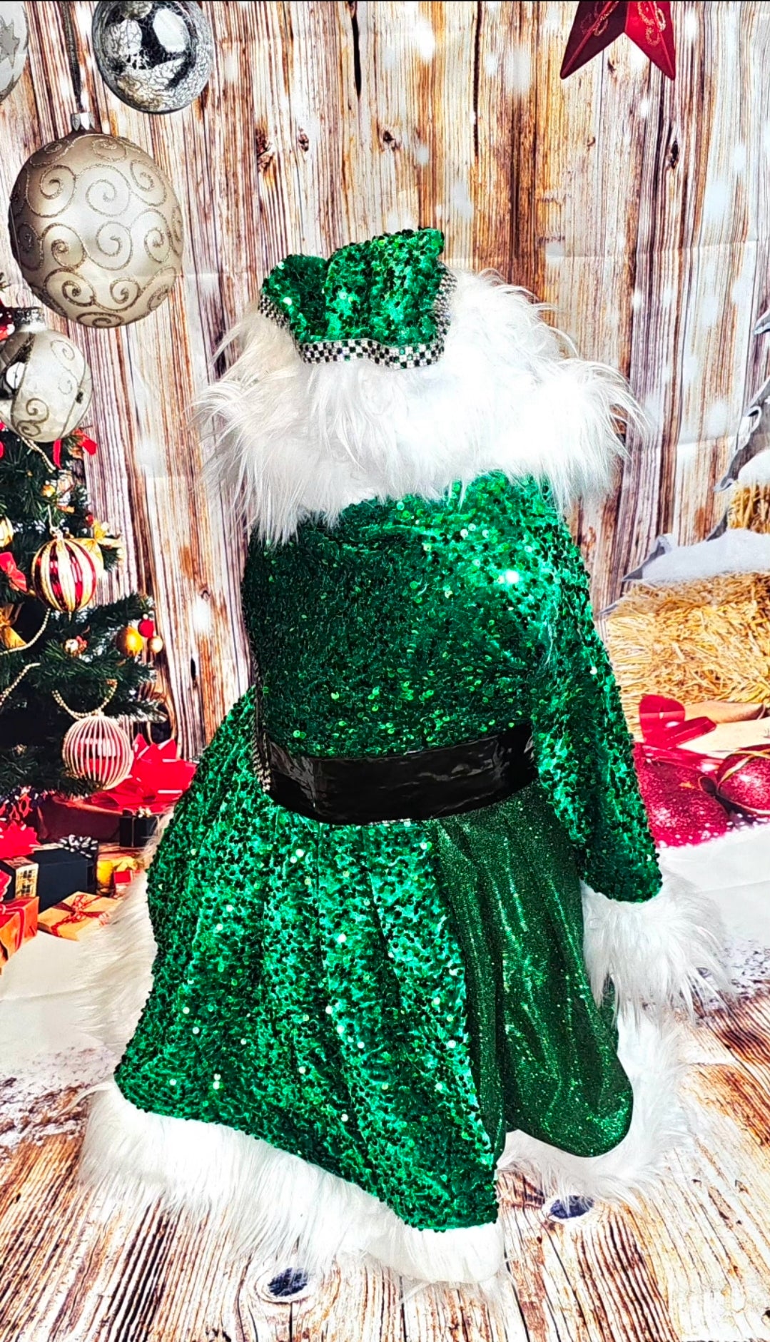 Green Miss Claus sequin pet costume, sequin green pet dress