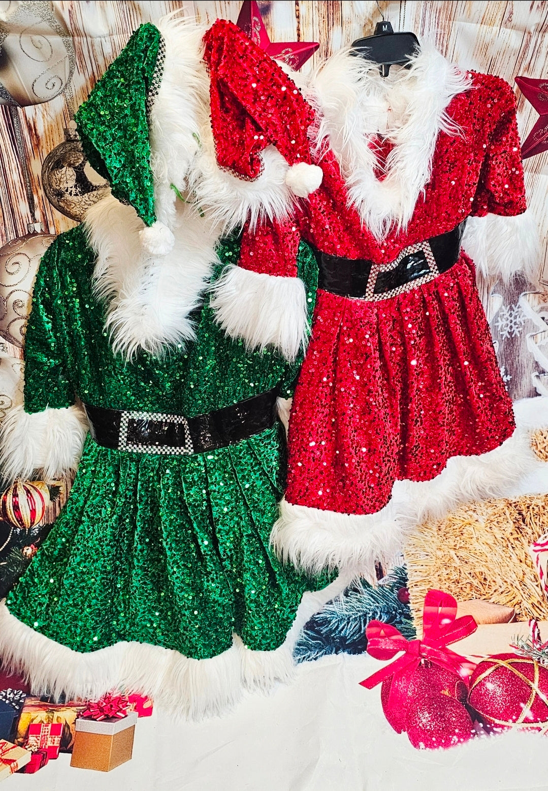 Red Miss Claus sequin pet costume, sequin red pet dress