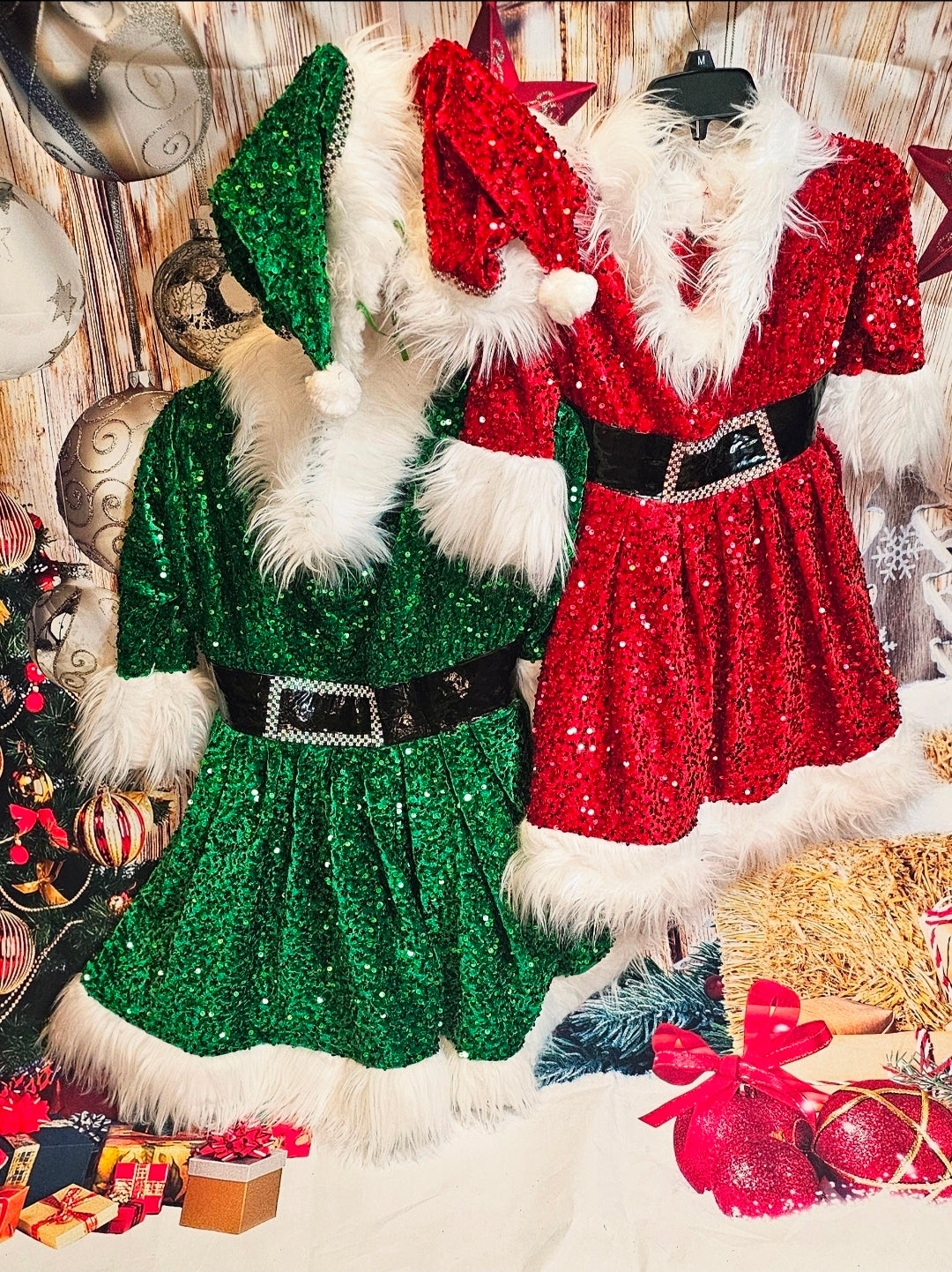 Red Miss Claus sequin pet costume, sequin red pet dress