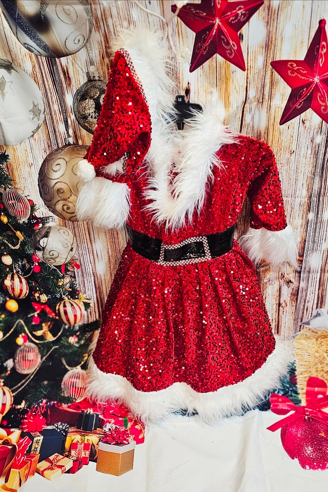 Red Miss Claus sequin pet costume, sequin red pet dress