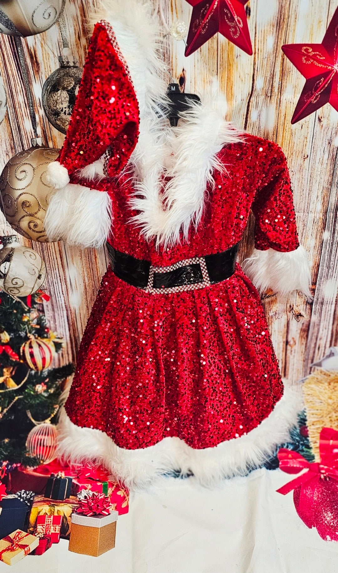 Red Miss Claus sequin pet costume, sequin red pet dress
