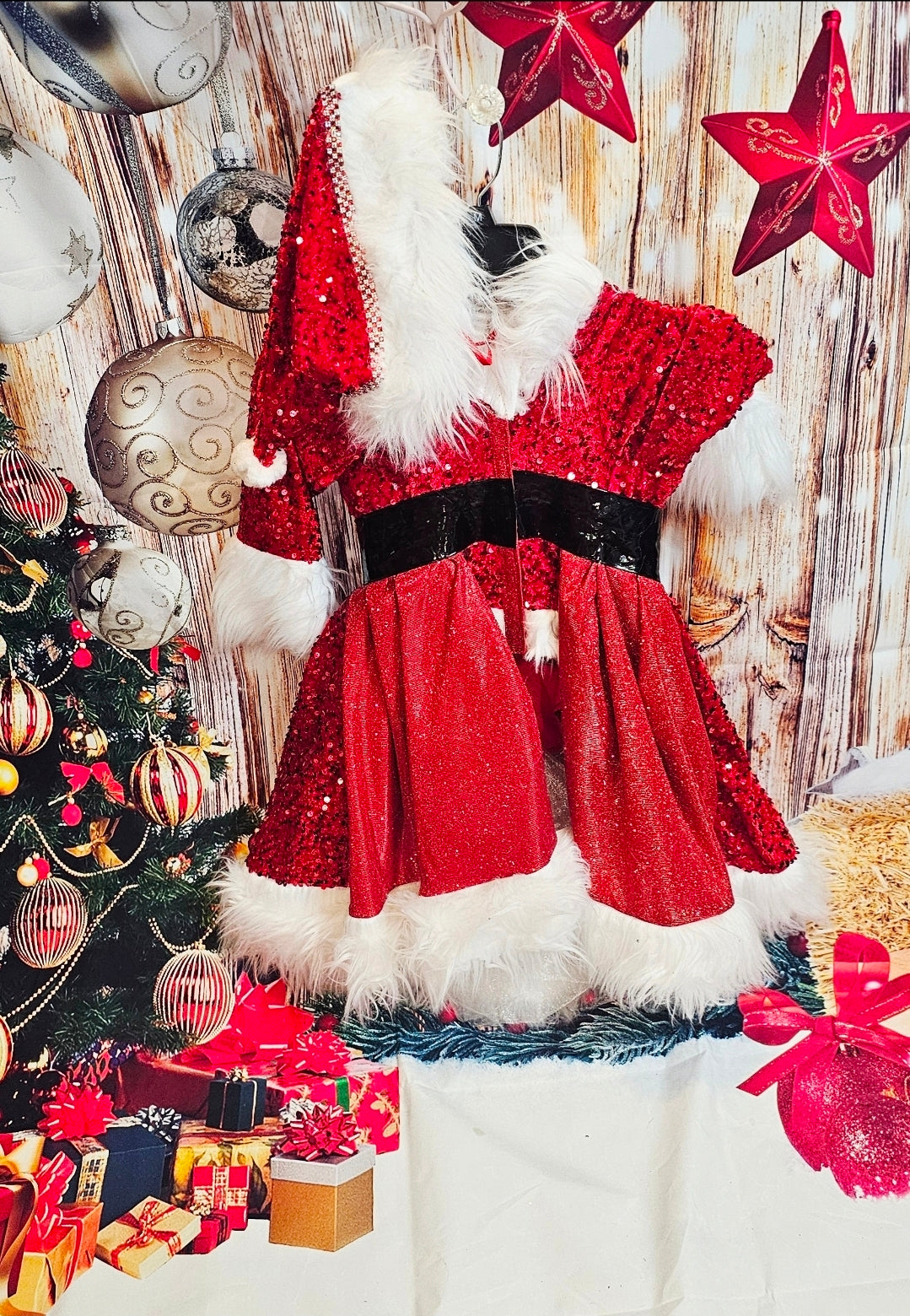 Red Miss Claus sequin pet costume, sequin red pet dress