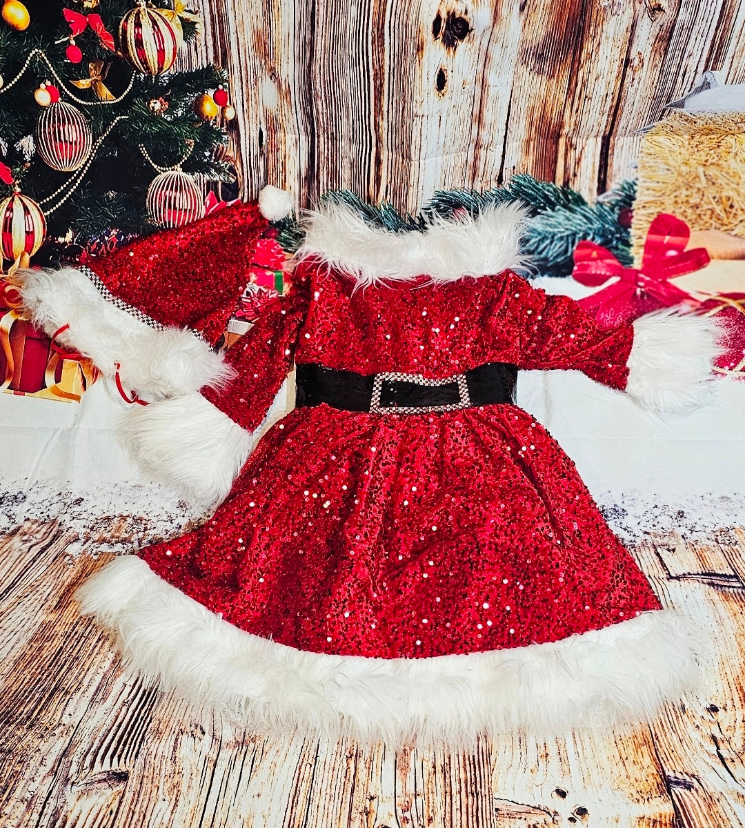 Red Miss Claus sequin pet costume, sequin red pet dress