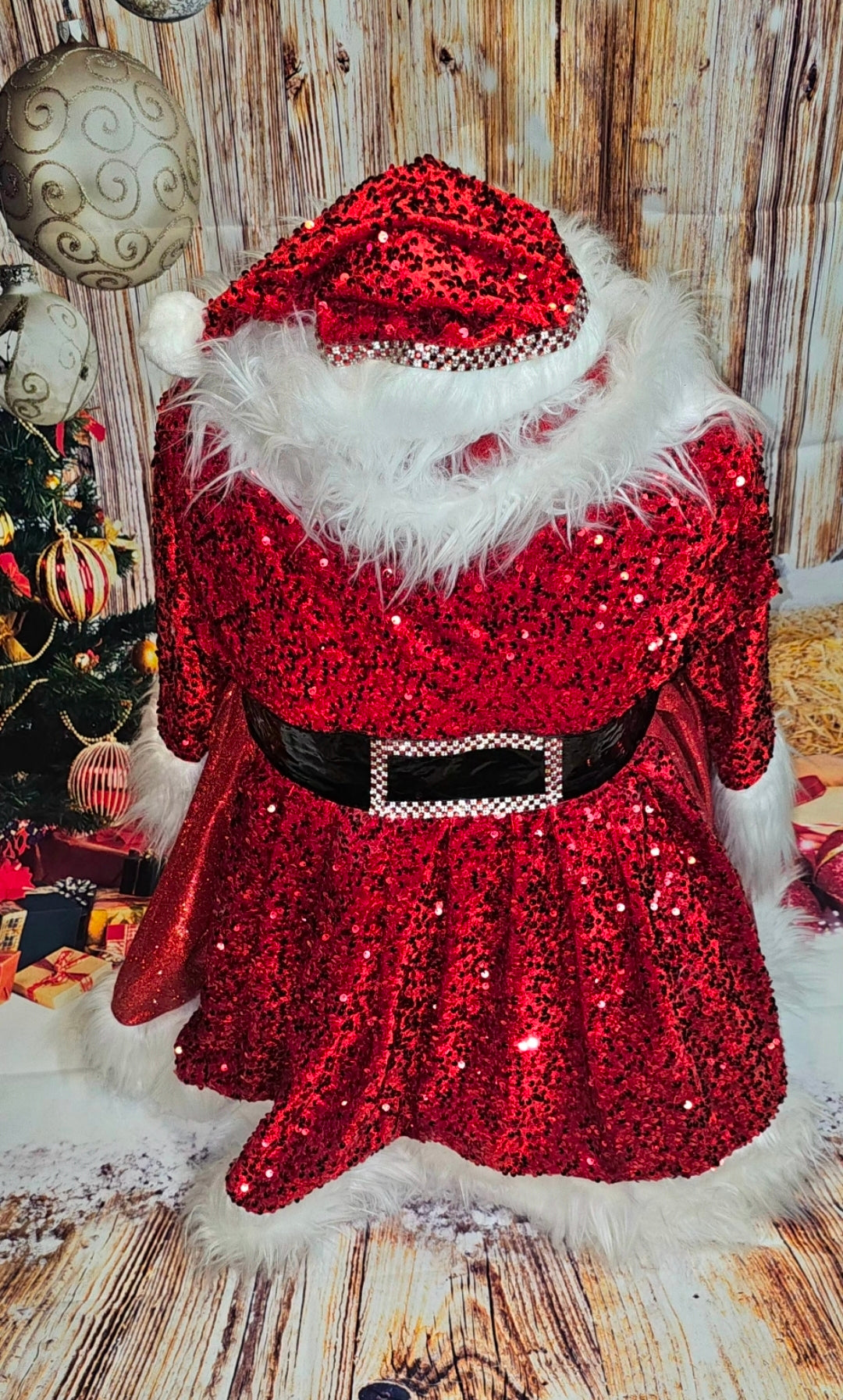 Red Miss Claus sequin pet costume, sequin red pet dress