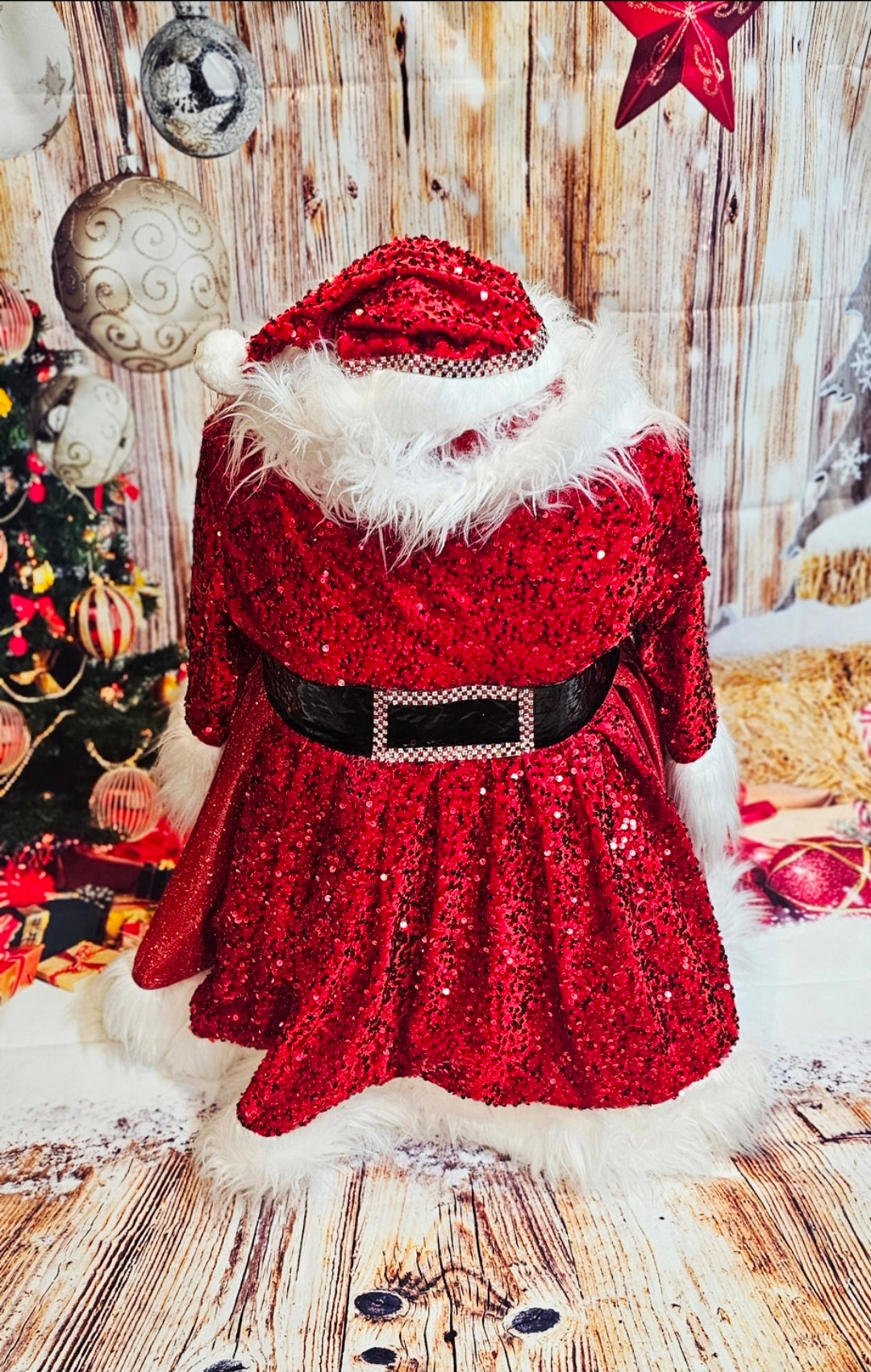 Red Miss Claus sequin pet costume, sequin red pet dress