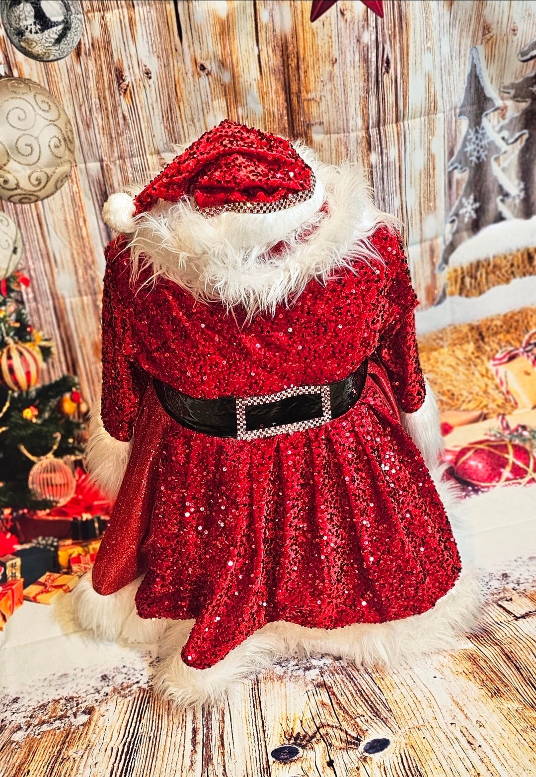 Red Miss Claus sequin pet costume, sequin red pet dress