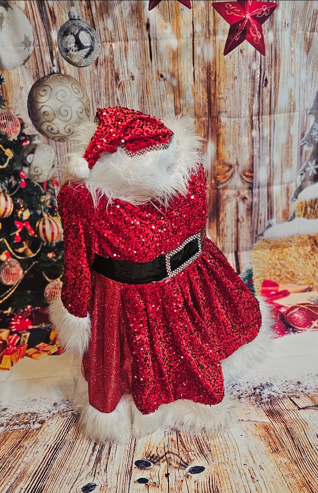 Red Miss Claus sequin pet costume, sequin red pet dress