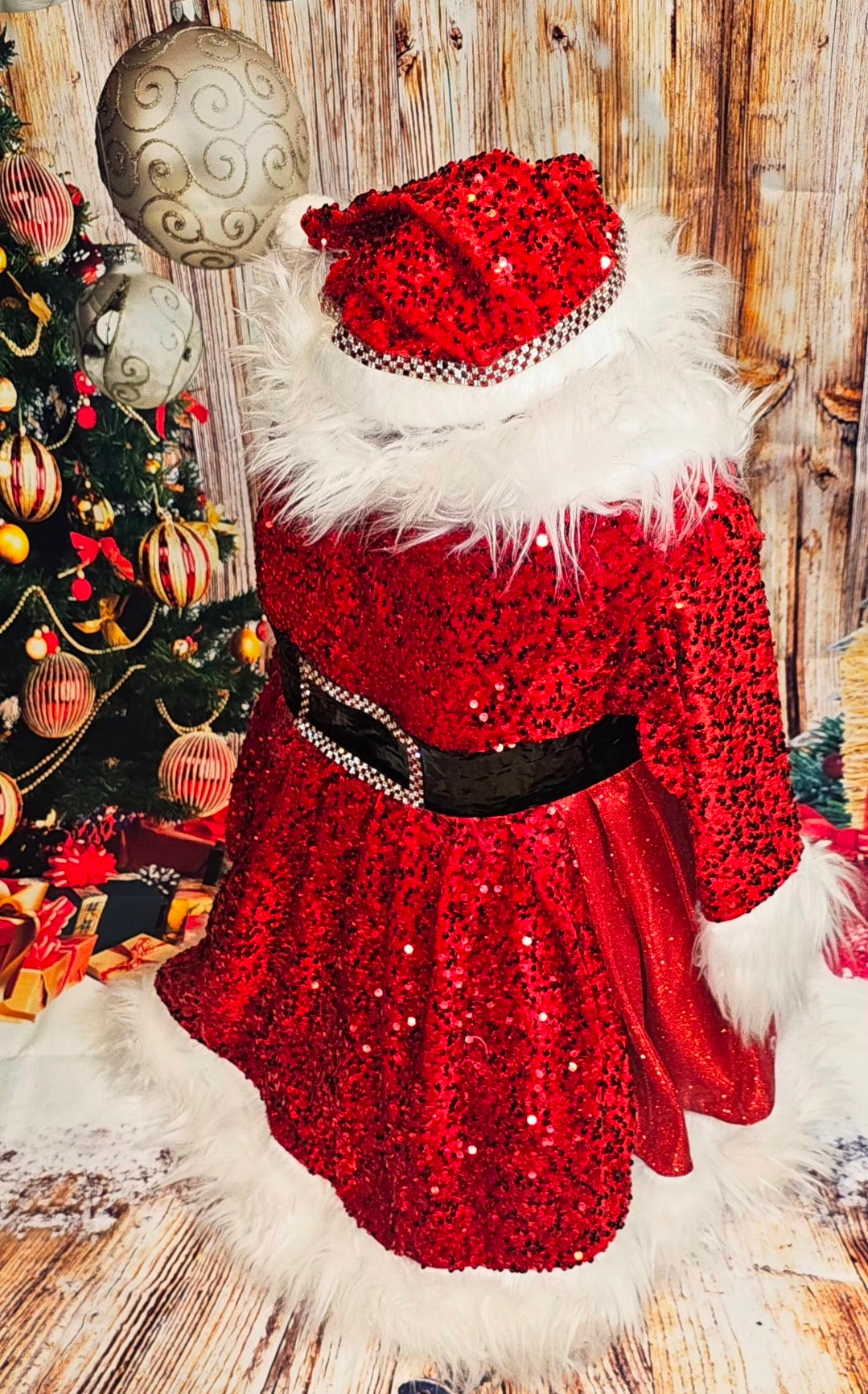 Red Miss Claus sequin pet costume, sequin red pet dress