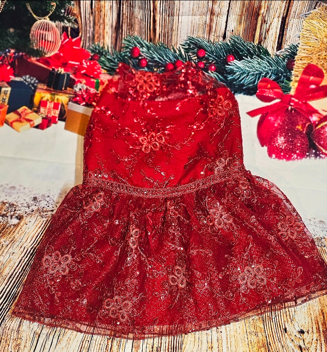 Red Mesh tulle Holiday Pet Dress, Holiday dog dress
