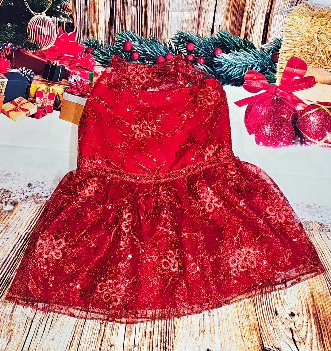 Red Mesh tulle Holiday Pet Dress, Holiday dog dress