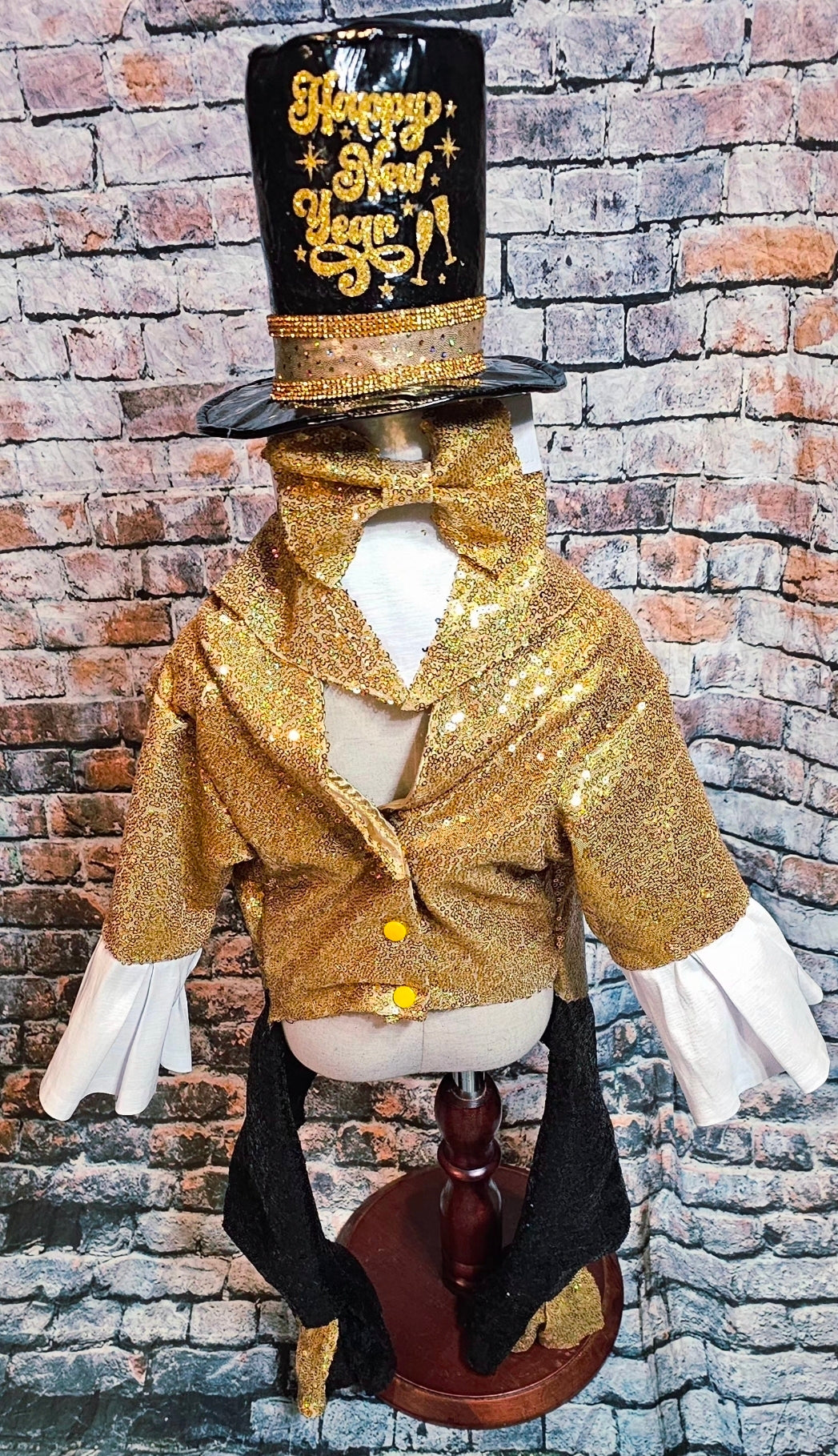 New Years Eve pet costume, gold pet tux, gold dog tux and hat costume