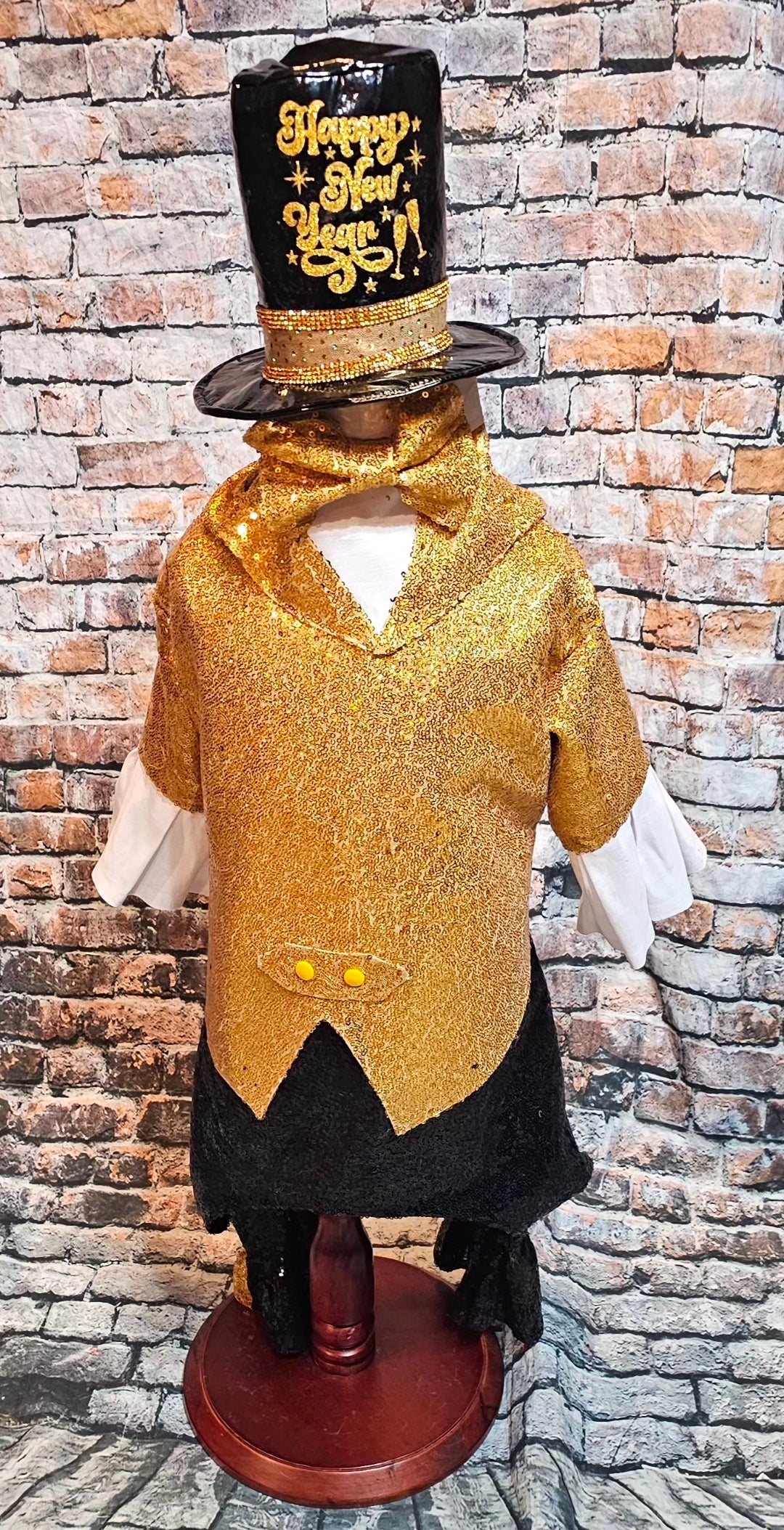 New Years Eve pet costume, gold pet tux, gold dog tux and hat costume