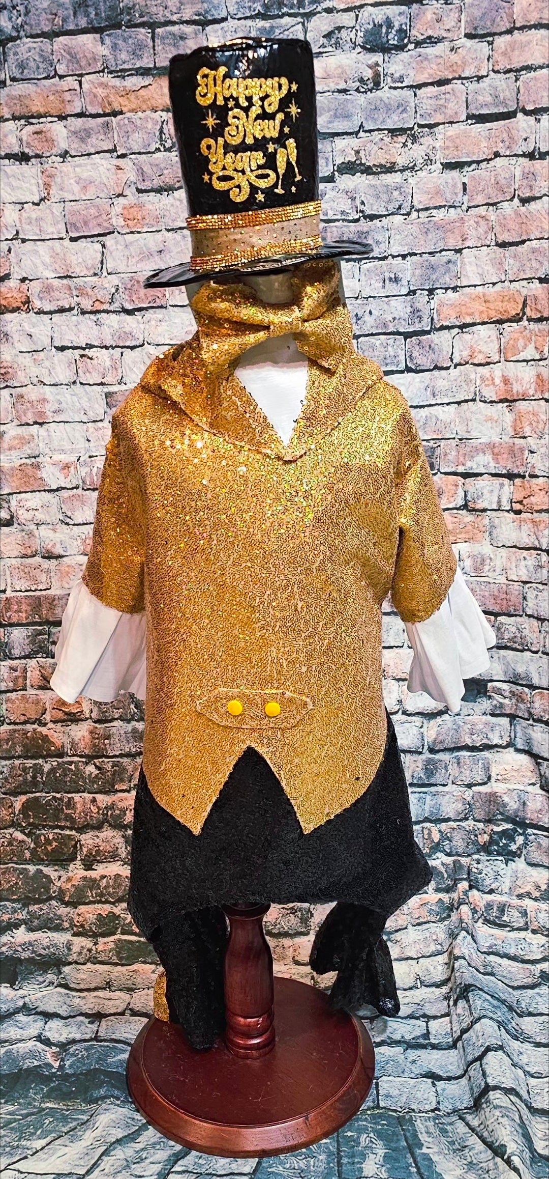 New Years Eve pet costume, gold pet tux, gold dog tux and hat costume