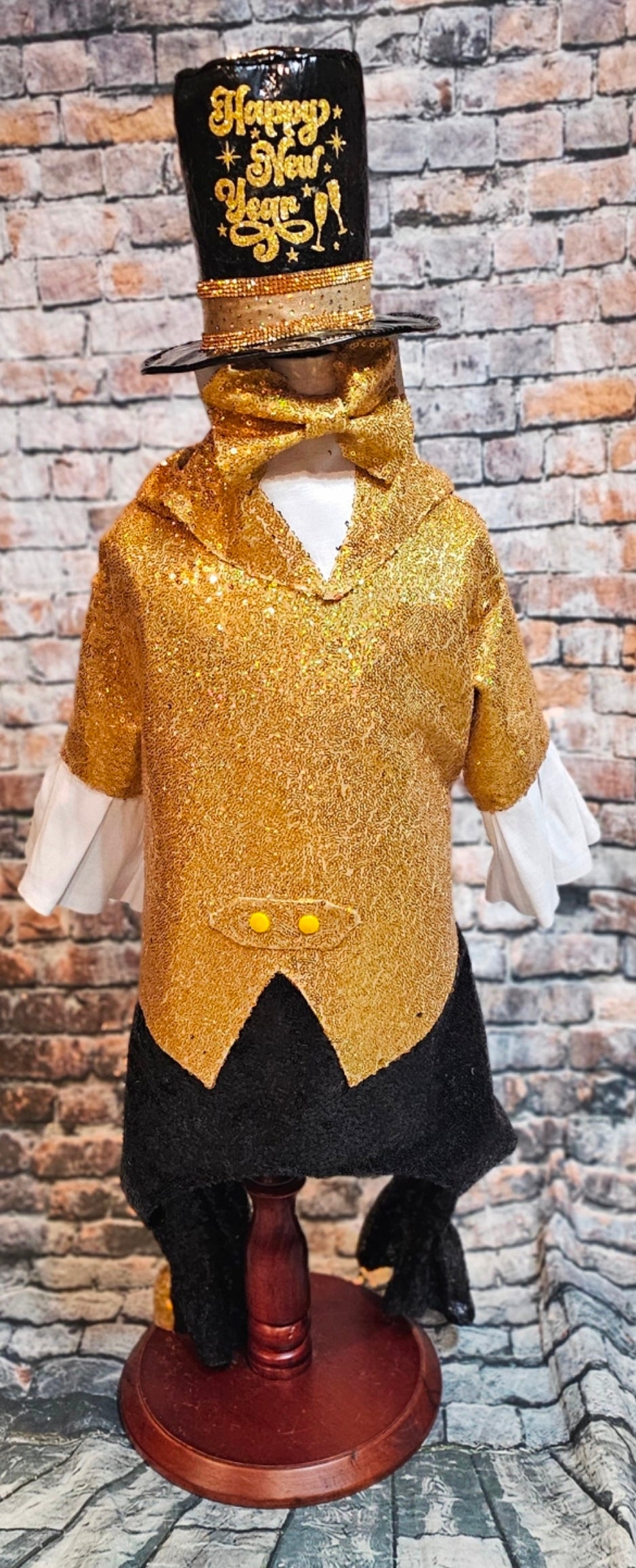 New Years Eve pet costume, gold pet tux, gold dog tux and hat costume