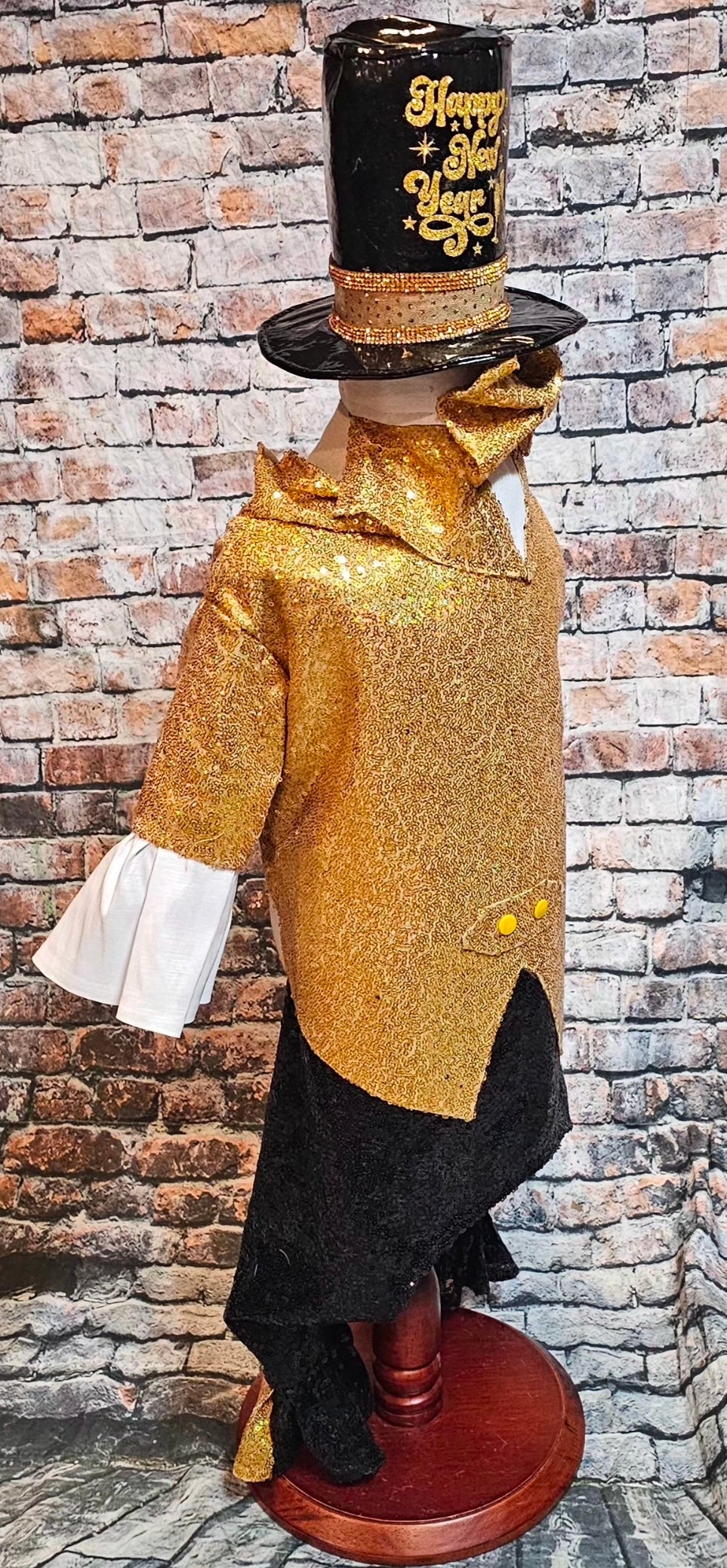 New Years Eve pet costume, gold pet tux, gold dog tux and hat costume