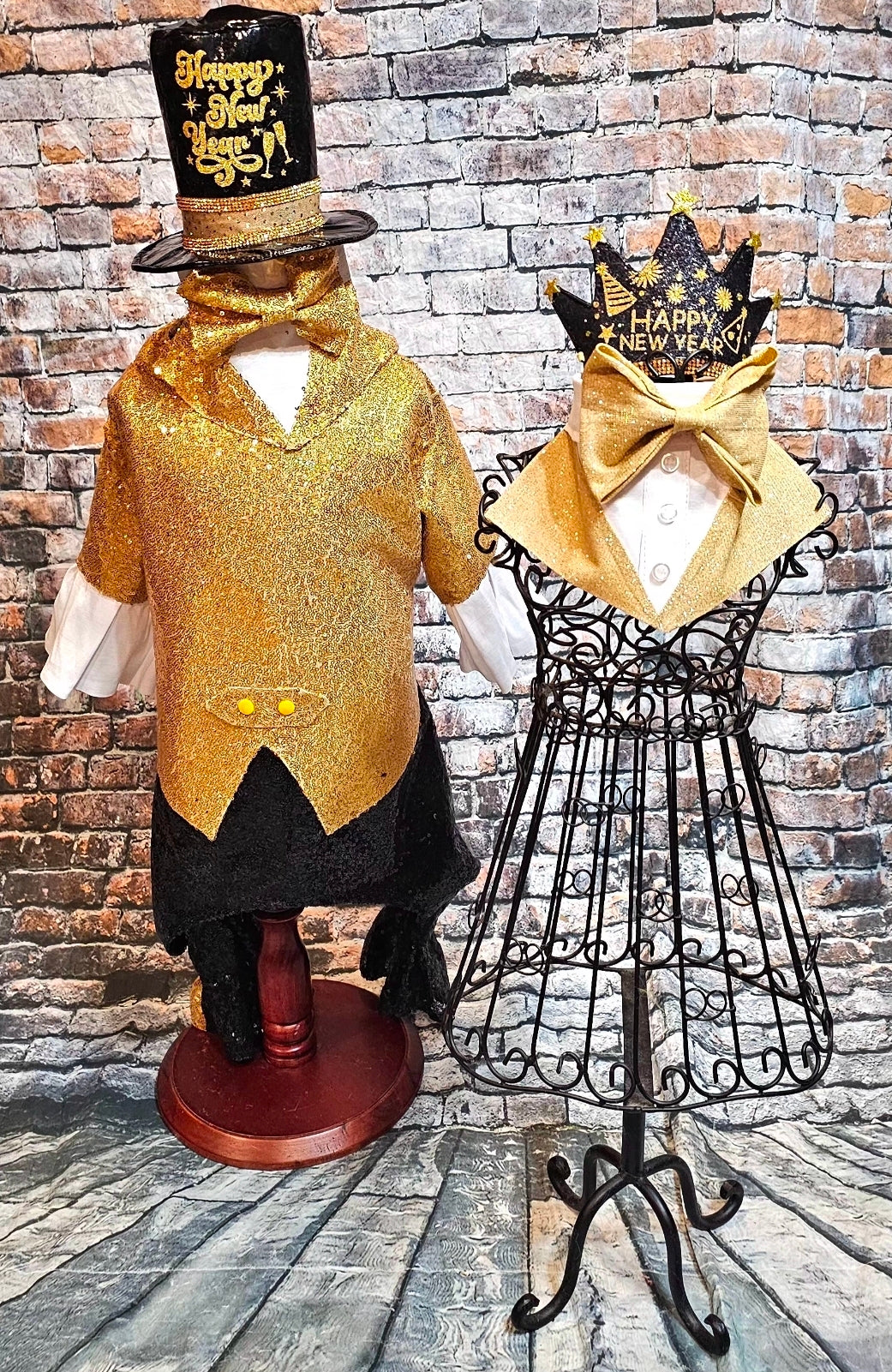 New Years Eve pet costume, gold pet tux, gold dog tux and hat costume