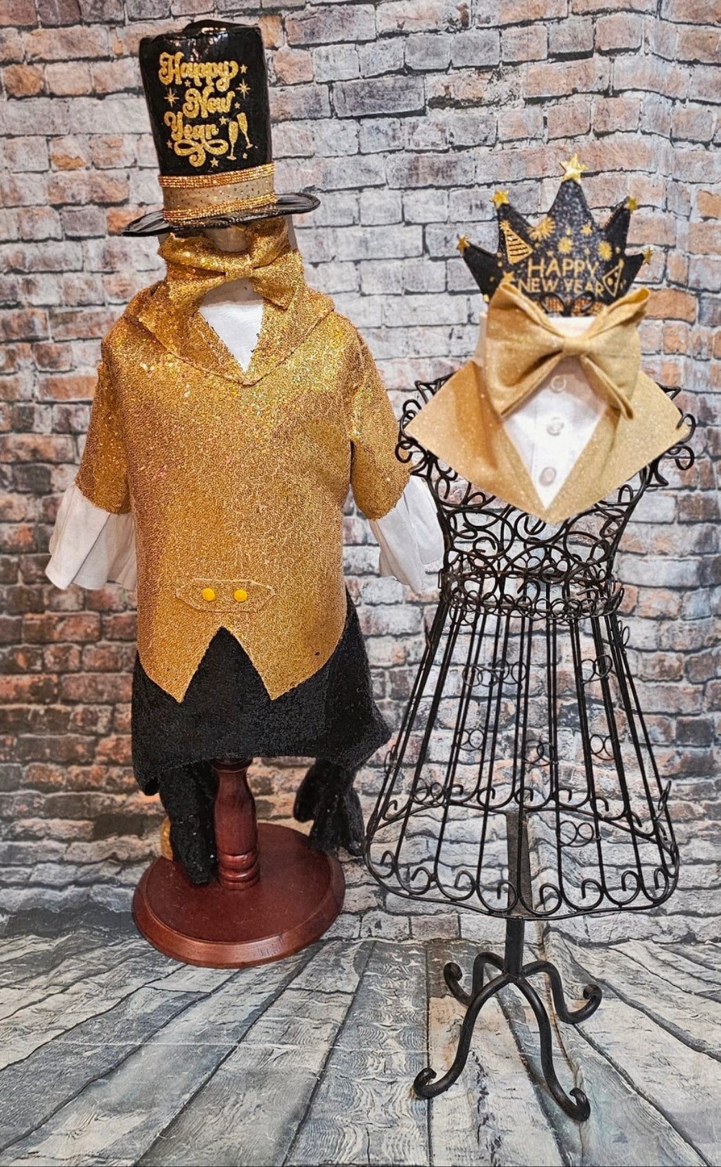 New Years Eve pet costume, gold pet tux, gold dog tux and hat costume