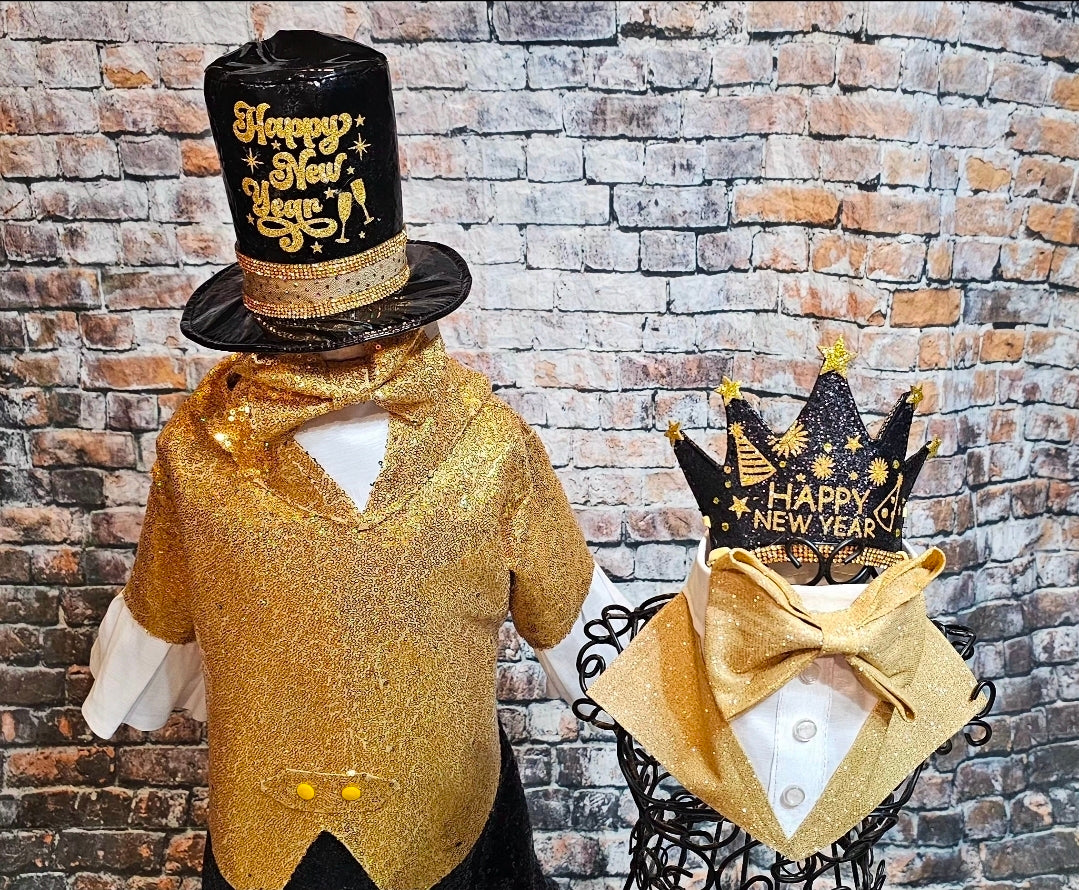 New Years Eve pet costume, gold pet tux, gold dog tux and hat costume