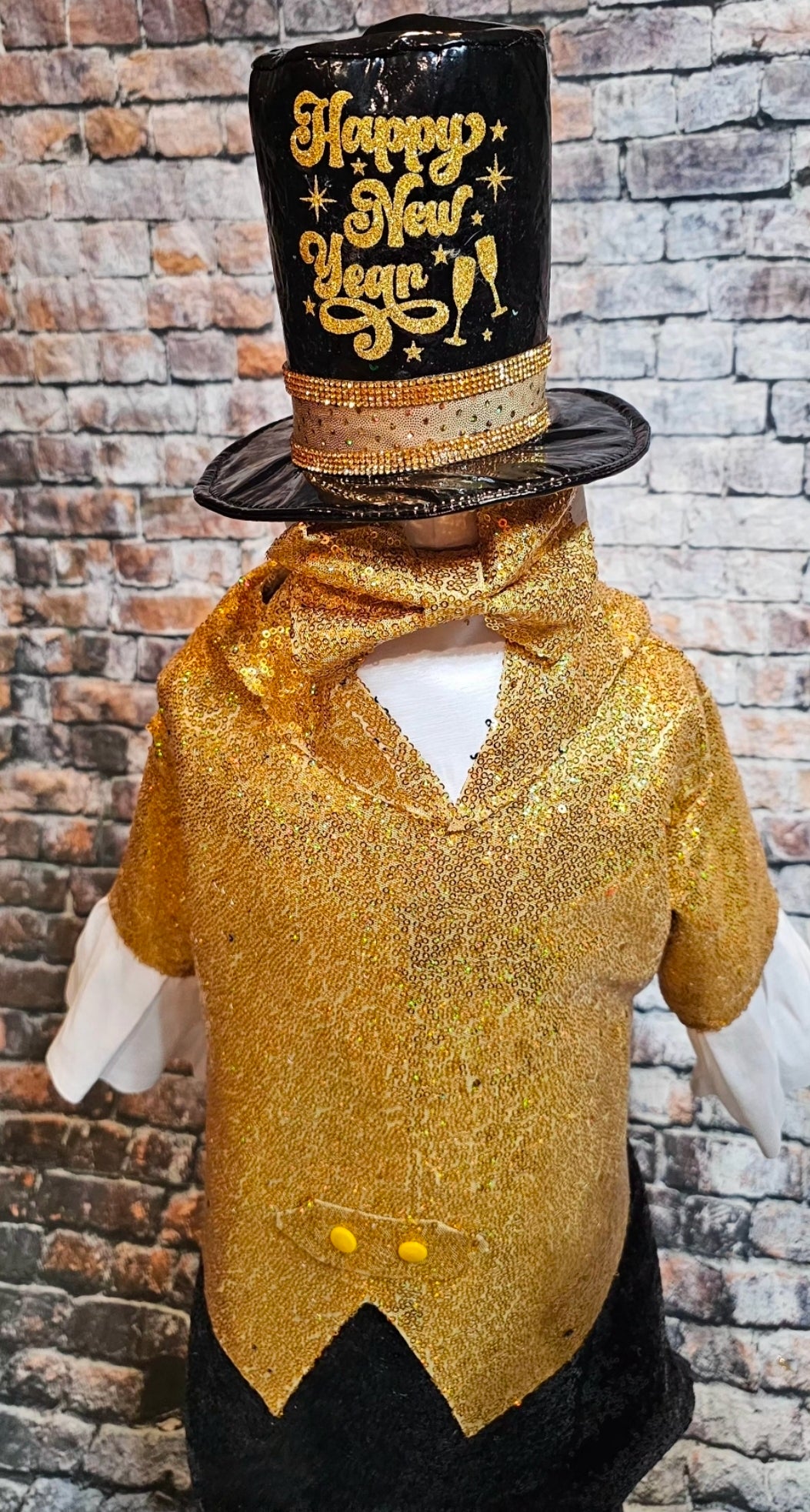 New Years Eve pet costume, gold pet tux, gold dog tux and hat costume