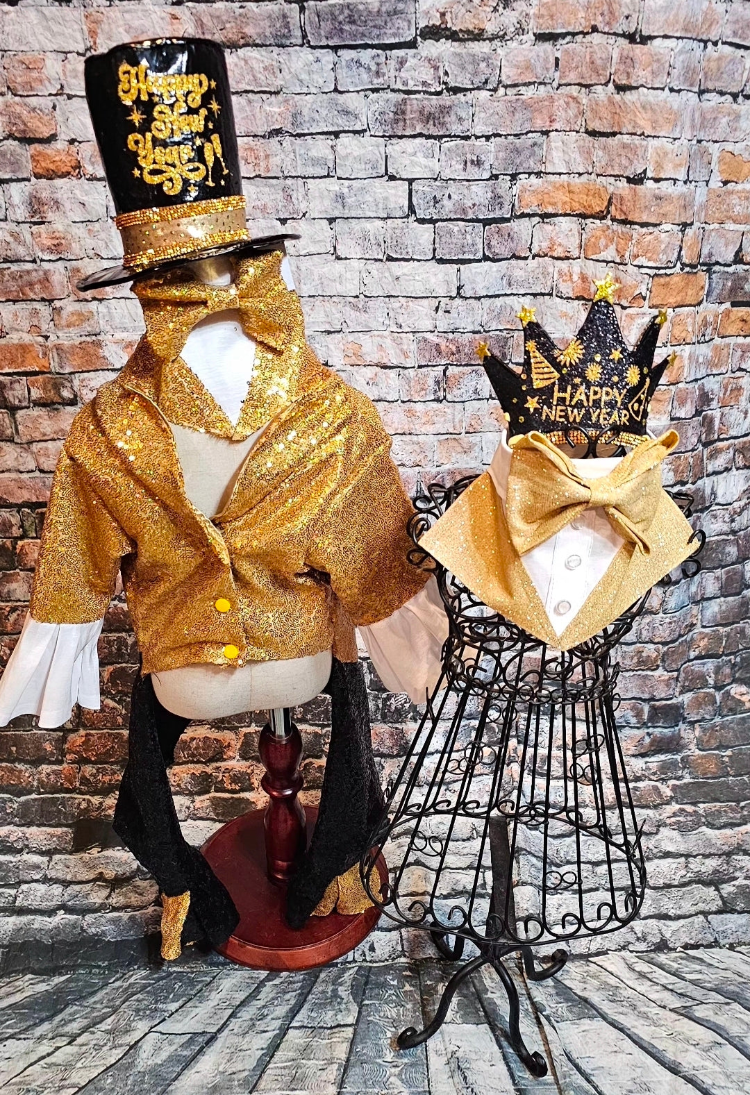 New Years Eve pet costume, gold pet tux, gold dog tux and hat costume