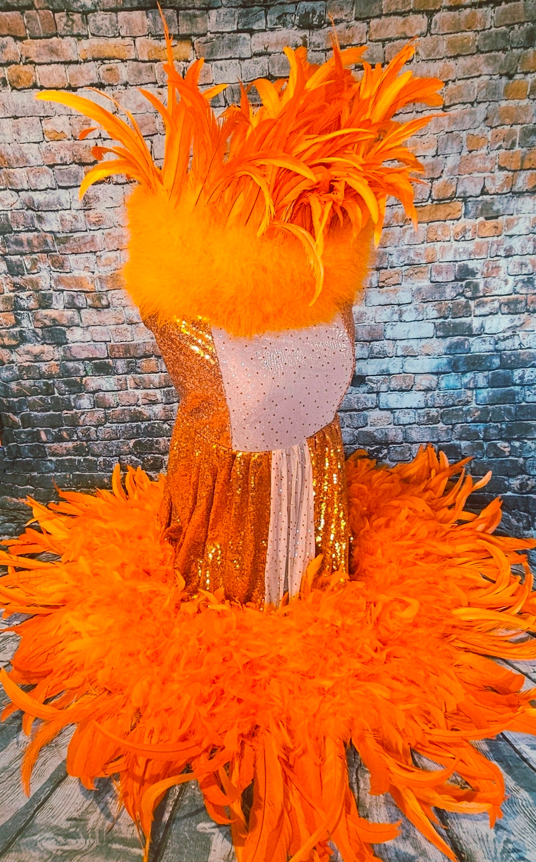 Feather sequin special occasion pet dress, Orange feather pet dress, Kendall Jenner Met gala pet costume
