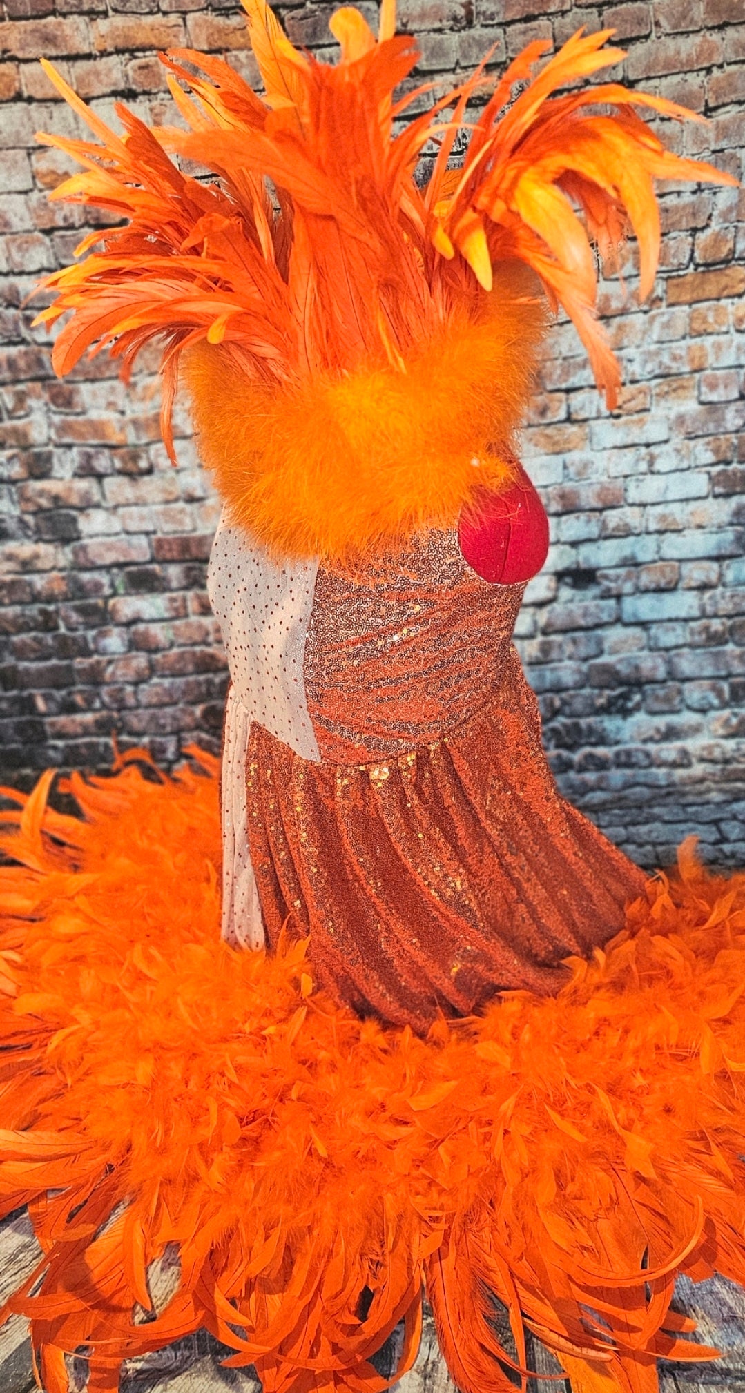 Feather sequin special occasion pet dress, Orange feather pet dress, Kendall Jenner Met gala pet costume
