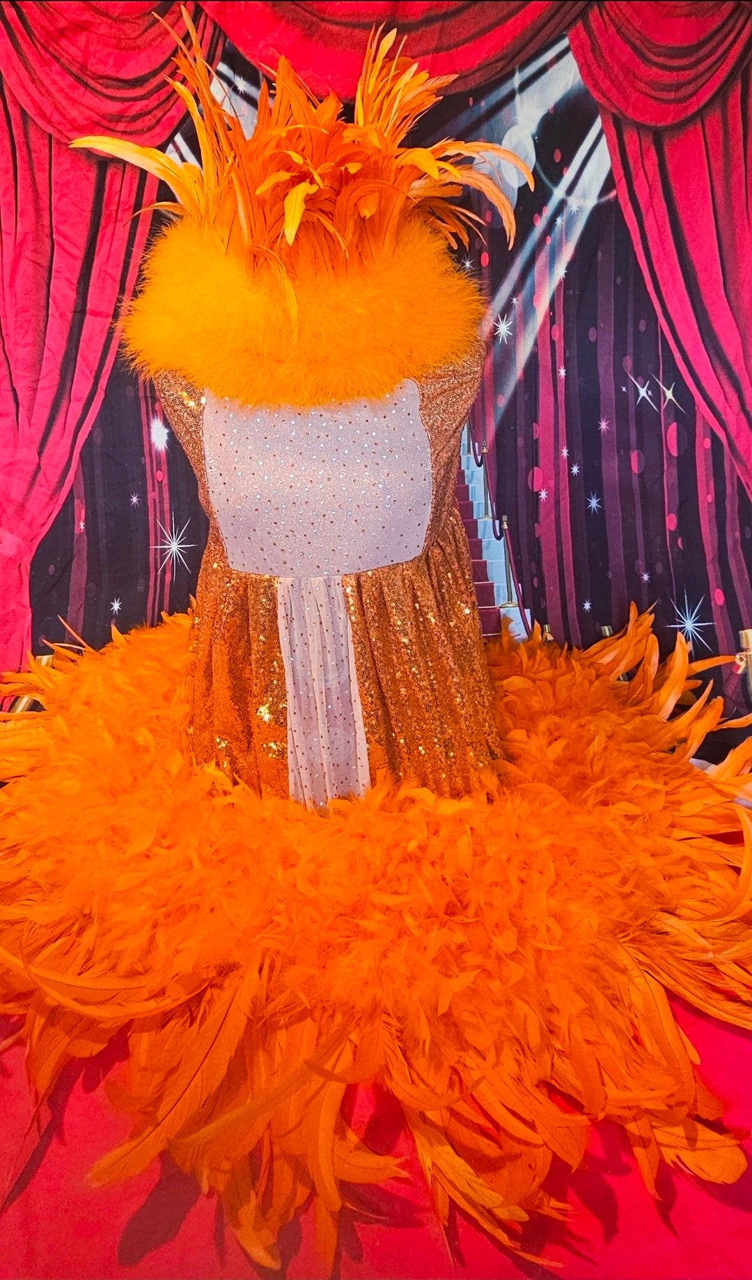 Feather sequin special occasion pet dress, Orange feather pet dress, Kendall Jenner Met gala pet costume
