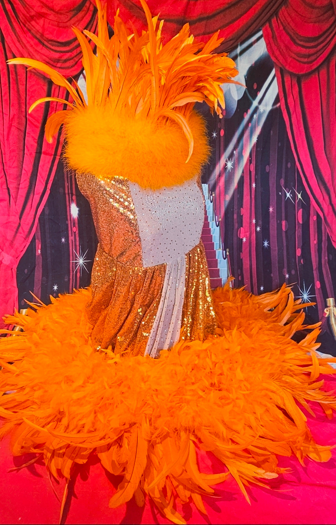 Feather sequin special occasion pet dress, Orange feather pet dress, Kendall Jenner Met gala pet costume