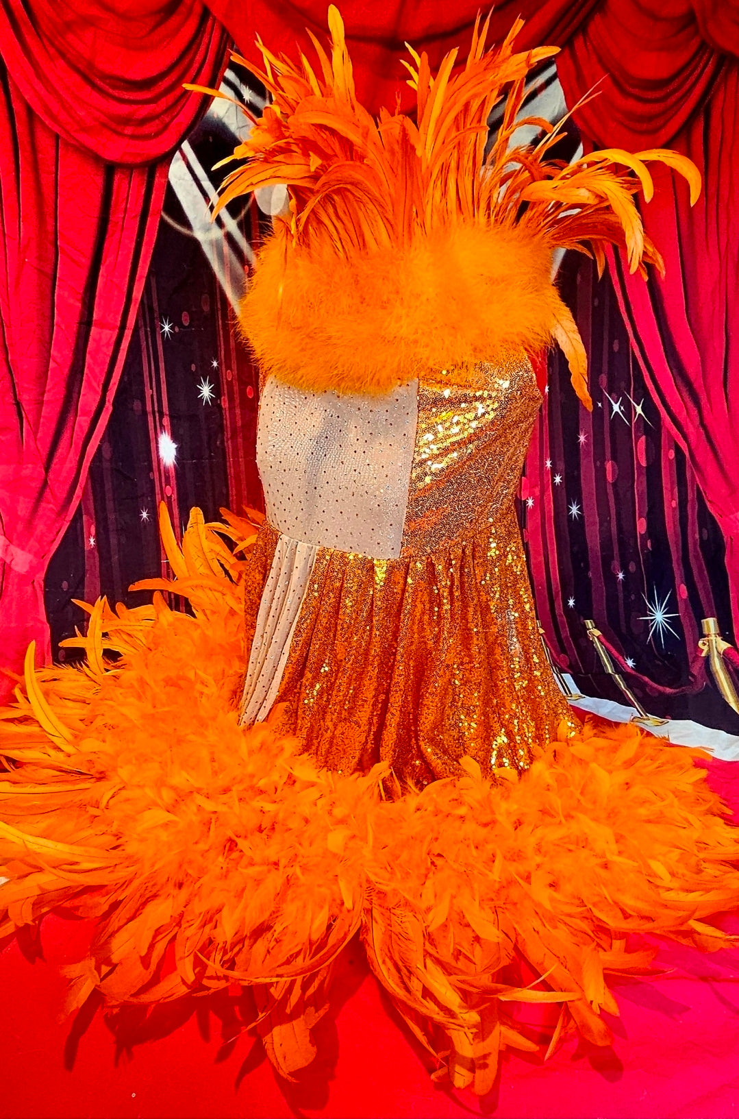 Feather sequin special occasion pet dress, Orange feather pet dress, Kendall Jenner Met gala pet costume